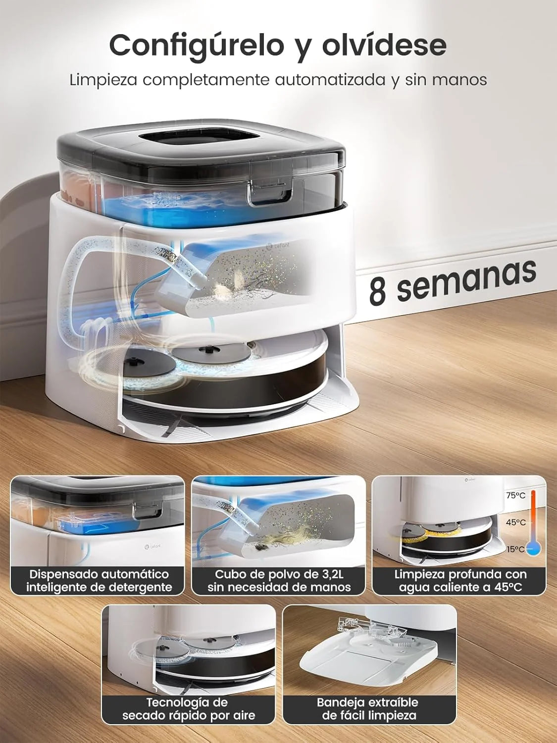 Lefant M3 Robô Aspirador e Passa Pano com Base de Esvaziamento Automático, Navegação a Laser dToF, Mapeamento Inteligente, Evitamento de Obstáculos PSD 190°, 12000Pa, Autonomia 220mins, WiFi/Alexa/APP/i Watch, 2,4G & 5G