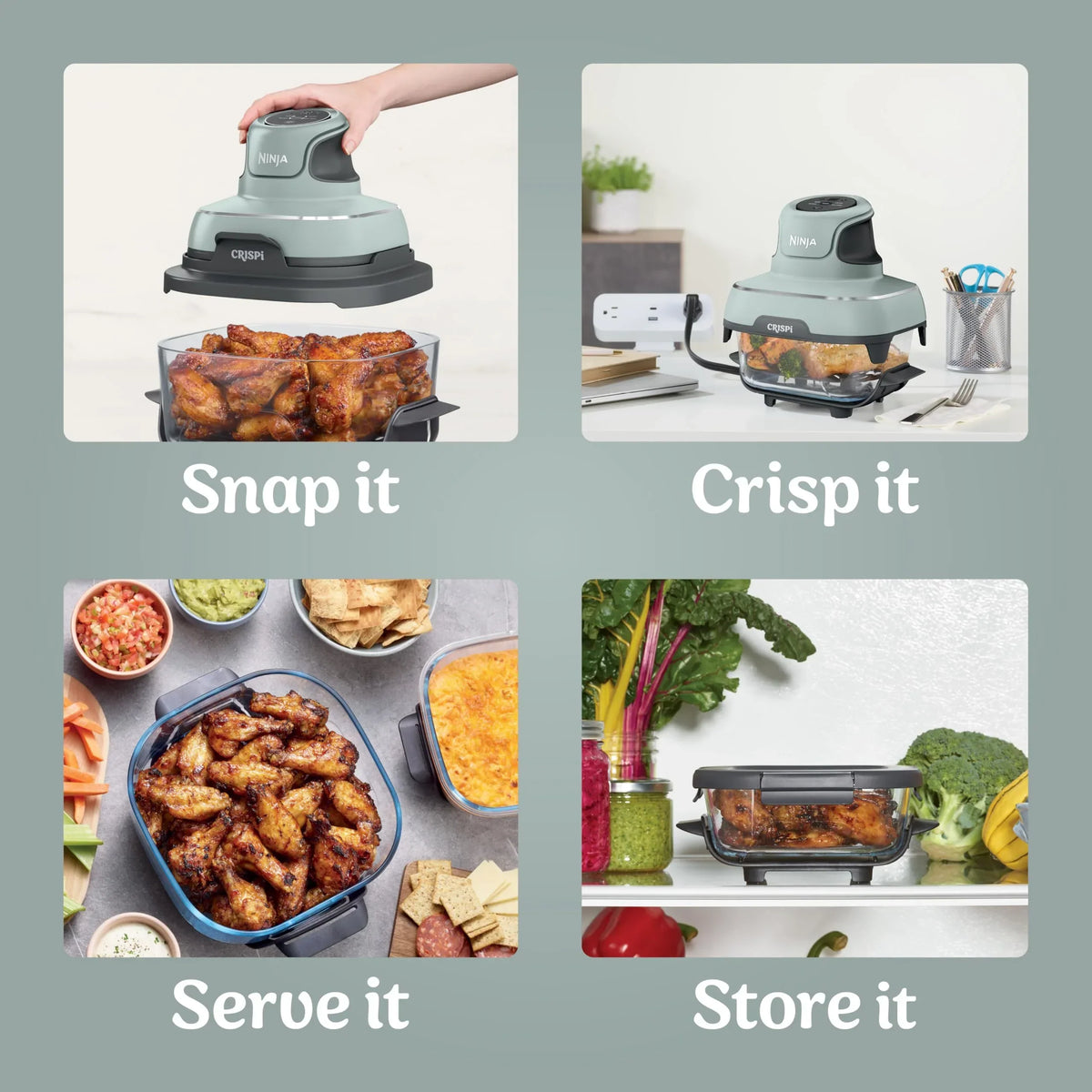 Fritadeira de Ar Quente Ninja Crispi 2026, Compatível com Micro-ondas, Freezer e Lava-louças, Sistema Portátil de Culinária em Vidro Não Tóxico, Recipiente de Vidro de 1,5 L com 6 Copos e Tampas