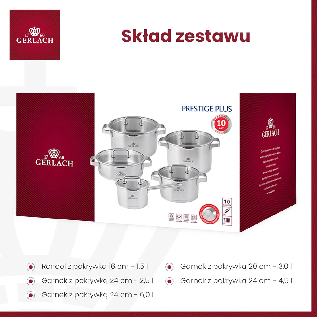 Gerlach Prestige Plus Conjunto de Panelas, Prata, 10 Peças