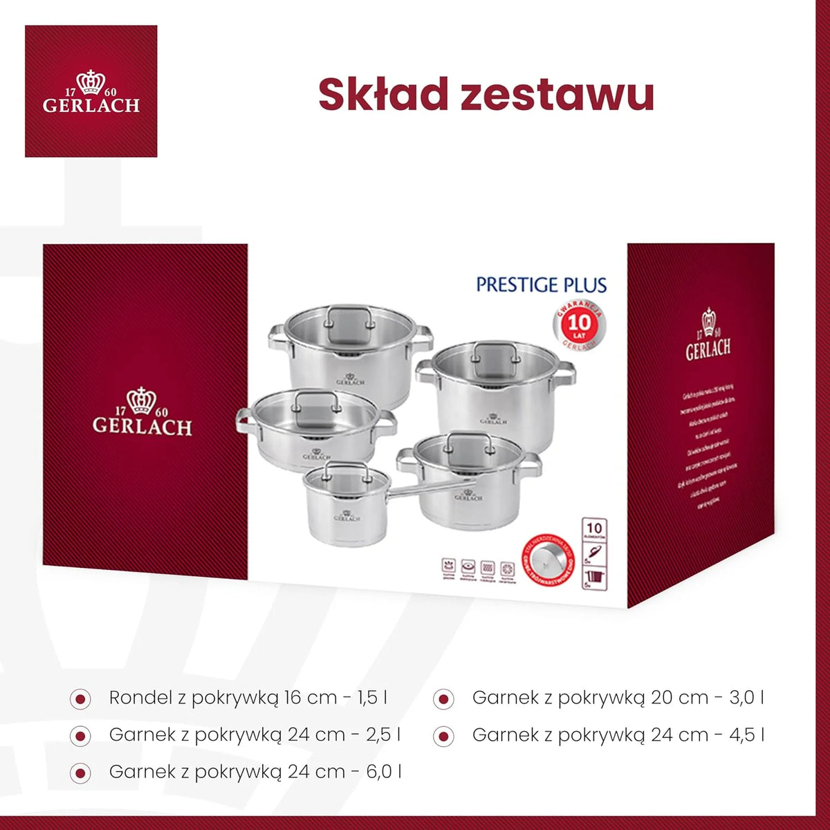 Gerlach Prestige Plus Conjunto de Panelas, Prata, 10 Peças