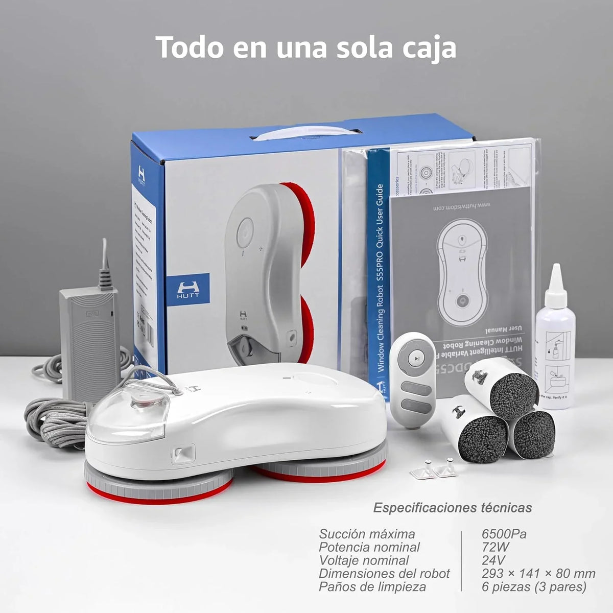 Robô Limpa-vidros HUTT S55 Pro com almofadas flutuantes 3D, sucção de até 6500Pa, pulverização HydroJet, navegação Slam 4.0, reservatório de 80 ml, sistema de segurança multicamadas