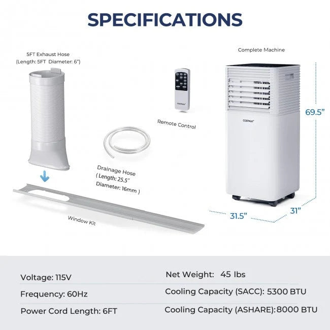 Ar-Condicionado Portátil 3 em 1 de 8000 BTU com Desumidificador e Modo Ventilador