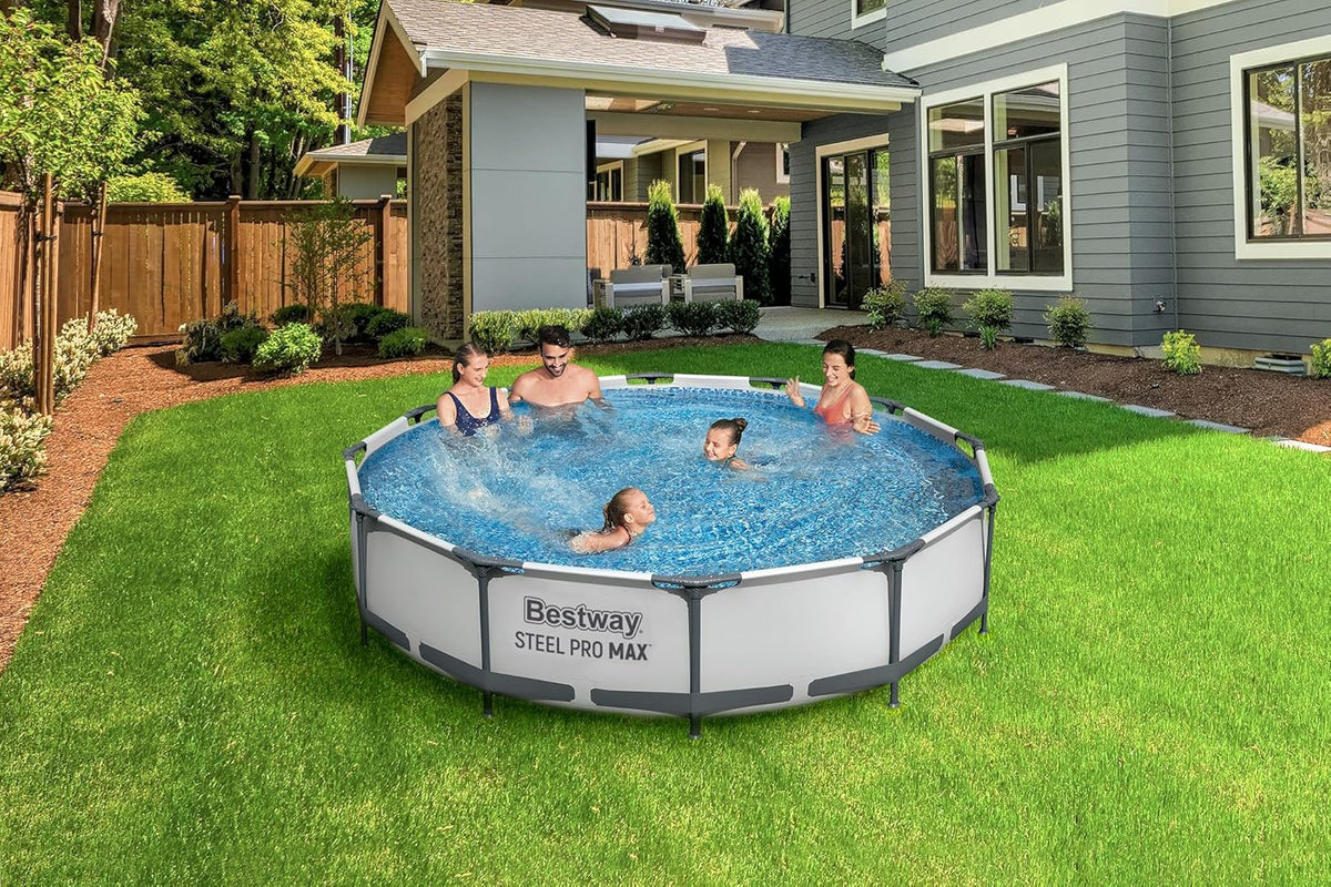Bestway Steel Pro MAX Frame - Conjunto de Piscina com Bomba de Filtro, 366 x 76 cm de Diâmetro, Cinza Claro, Redondo