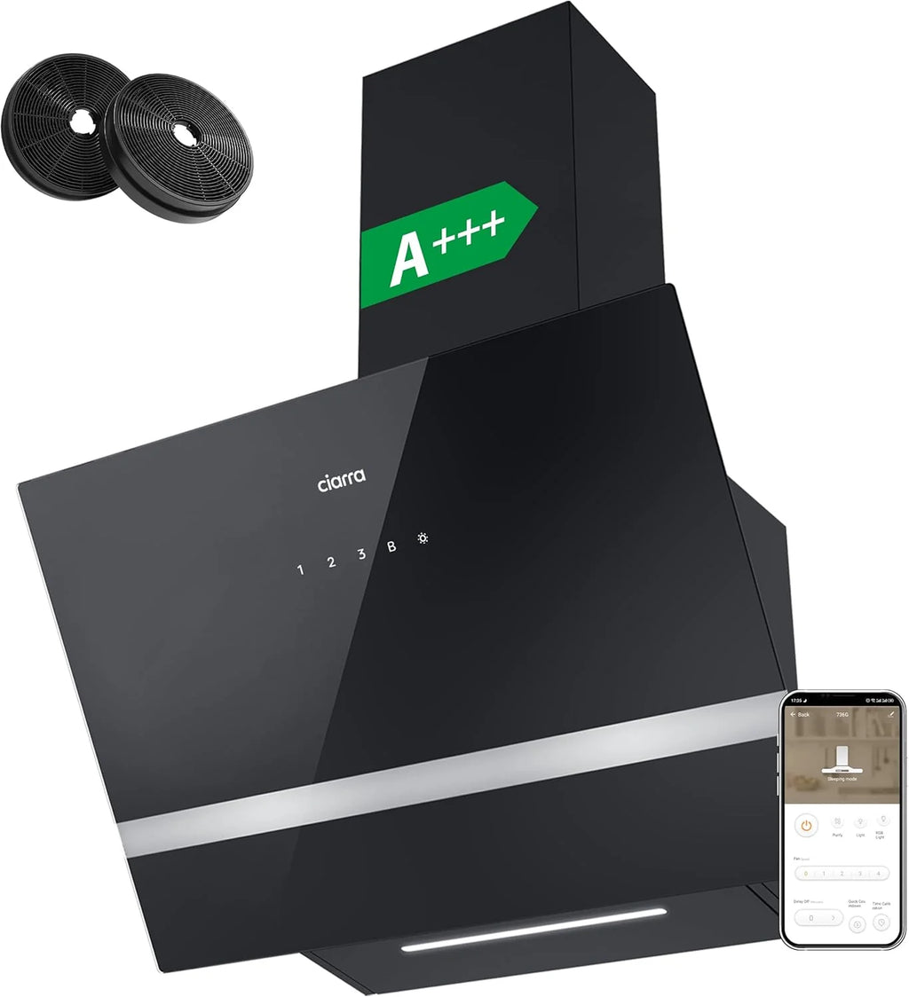CIARRA CBCB6736H Coifa de Parede 60cm Classe A+++ 3 Velocidades Exaustão Externa e Recirculação Interna por Filtro de Carvão CBCF003 Luz LED