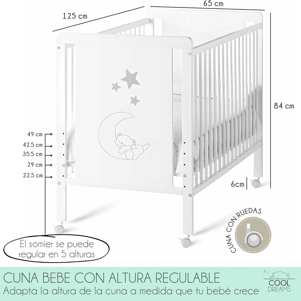 Cuna Co-Leito para Bebê, Kit para Unir a Cama com a Cama dos Pais, Colchão HR Morfeo Certificado Oeko-Tex® e CertiPUR, 4 Rodas, Lençol com Elástico e Lençol de Cima de Algodão Natural. Indi CoolDreams CoolDreams