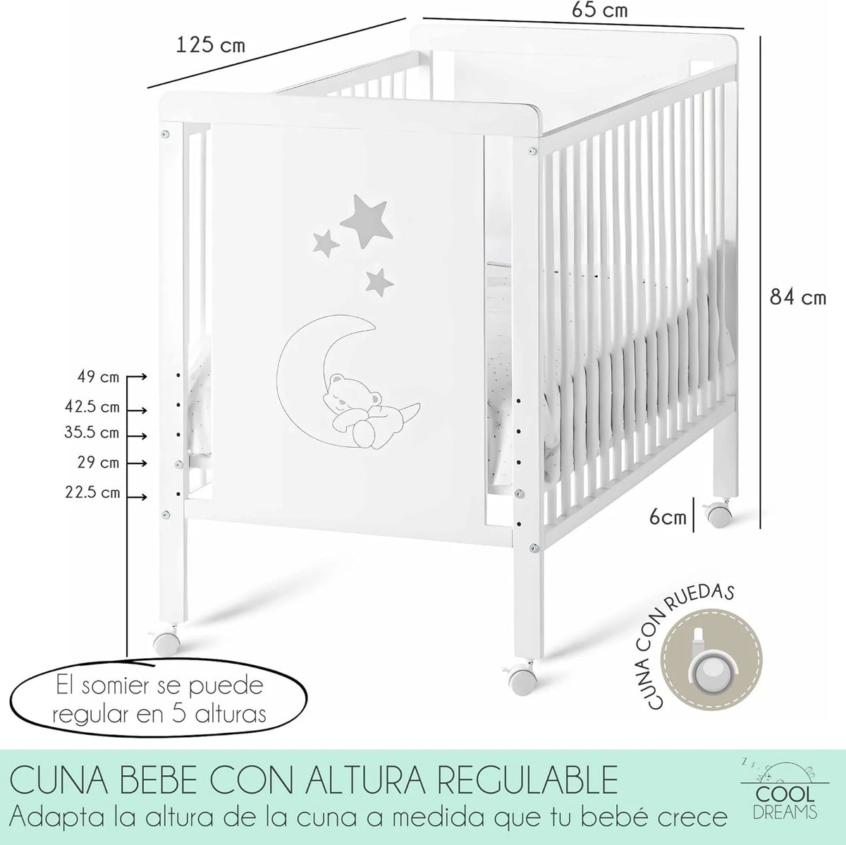 Cuna Co-Leito para Bebê, Kit para Unir a Cama com a Cama dos Pais, Colchão HR Morfeo Certificado Oeko-Tex® e CertiPUR, 4 Rodas, Lençol com Elástico e Lençol de Cima de Algodão Natural. Indi CoolDreams CoolDreams