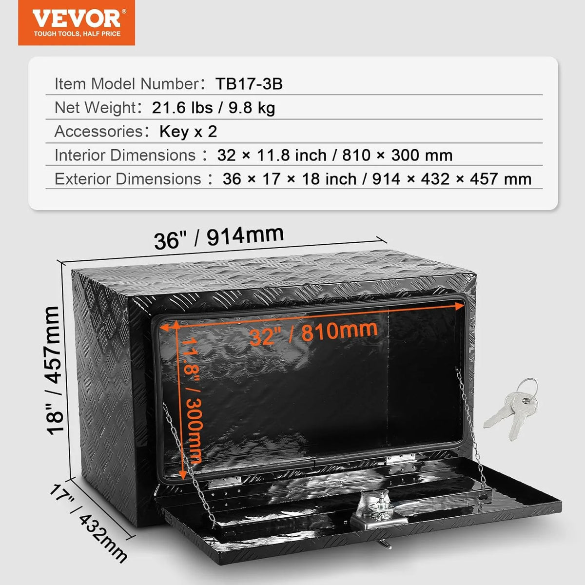 VEVOR Caixa de Ferramentas para Caminhões 914x432x457mm, Caixa de Chassis Inferior, Caixa de Armazenamento de Liga de Alumínio, Montagem Inferior com Trava e Chaves para Reboques, Caminhonetes, Preto