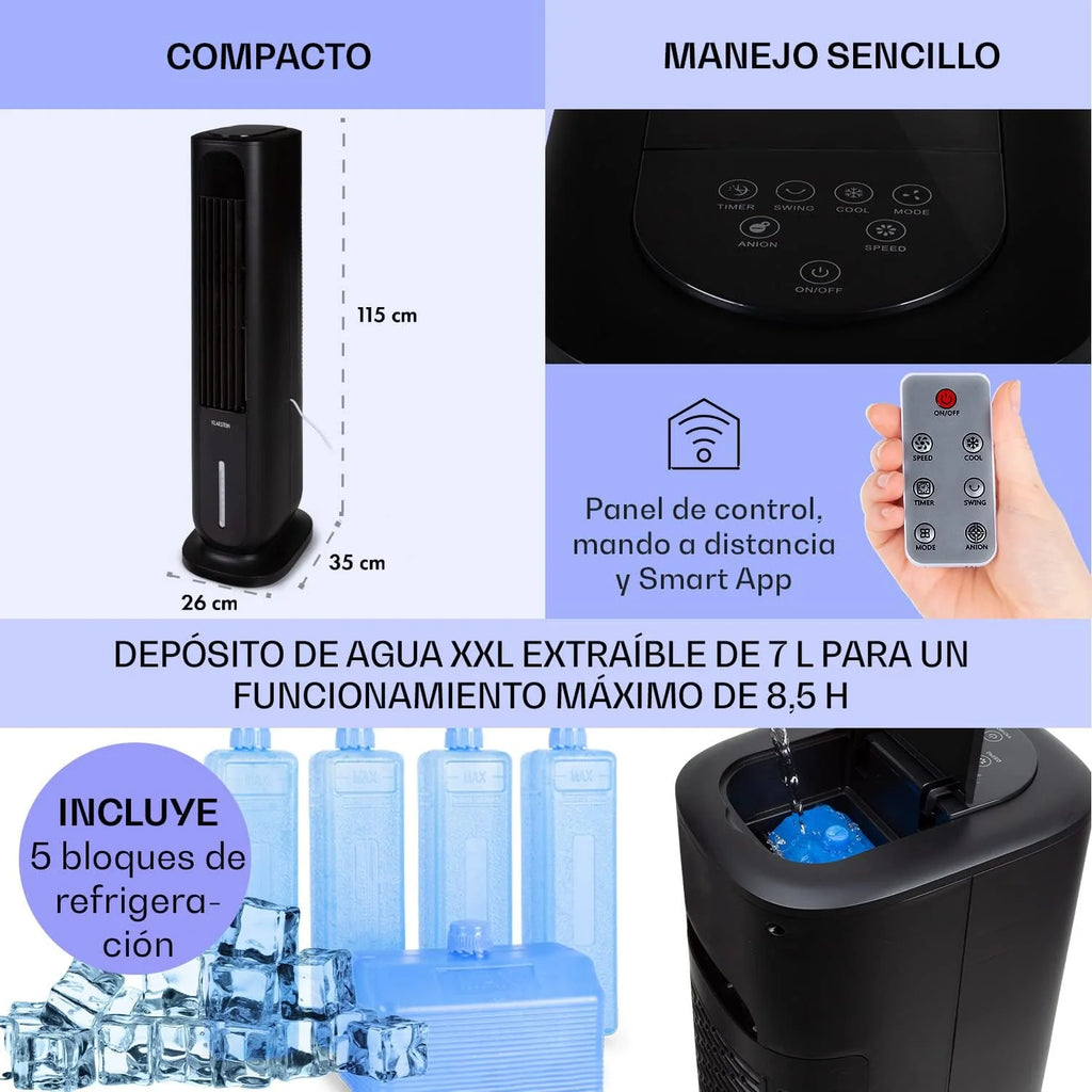 KLARSTEIN Polar Tower Smart Climatizador Evaporativo – 4 em 1: Ventilador, Umidificador e Purificador, Controle por App e Alexa, Tanque de 7L, 3.306 m³/h, Modo Noturno, Portátil com Rodas, Preto