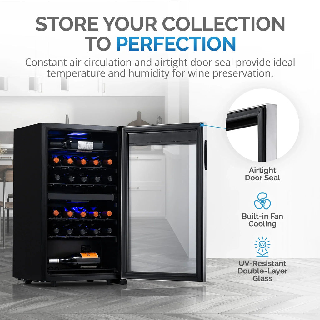 2026 Refrigerador de Vinhos Independente Newair® – 28 Garrafas (48 cm), Zona Dupla, Aço Inoxidável