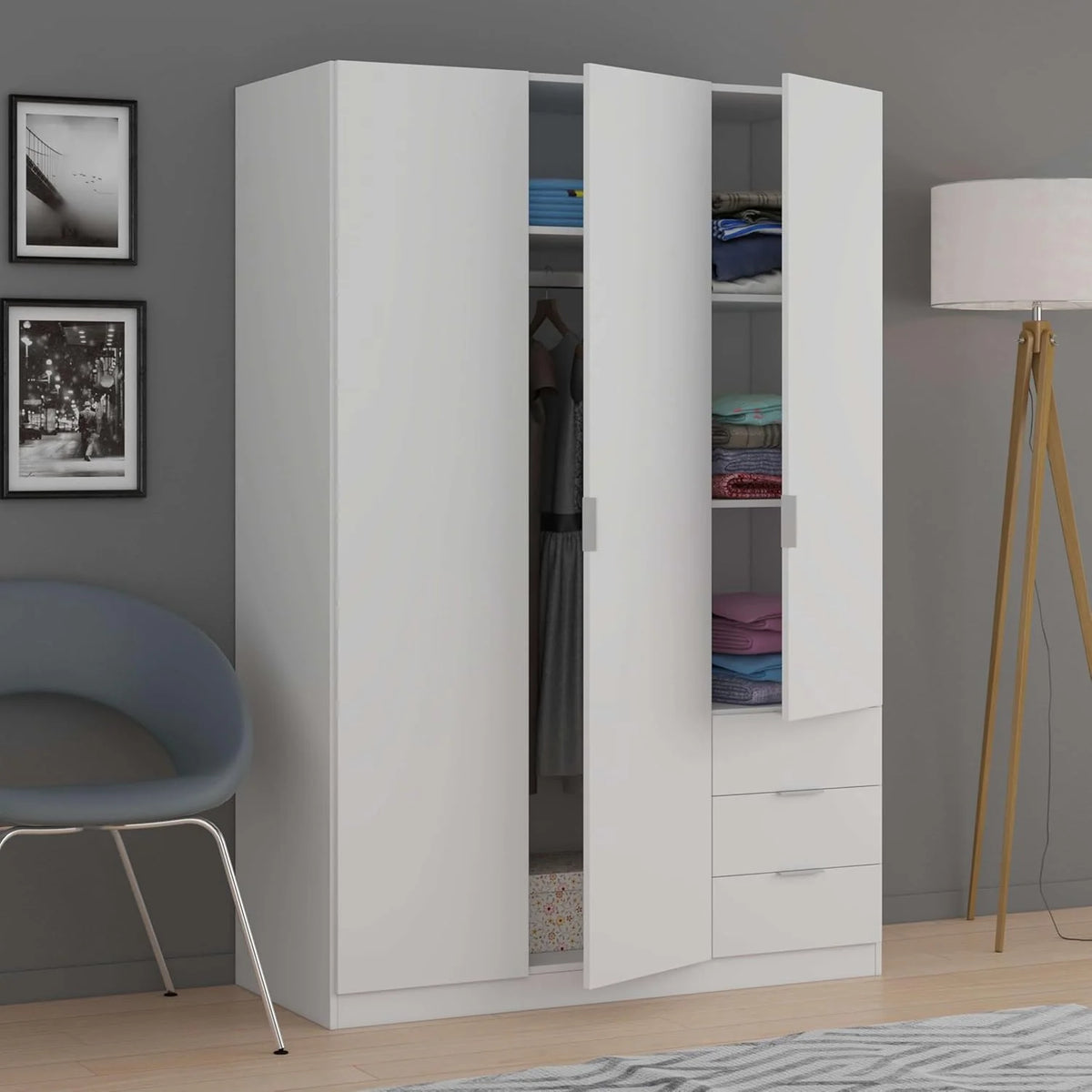 Guarda-Roupa de Três Portas e Três Gavetas Habitdesign, Acabamento Branco Ártico, Medidas: 121 cm (L) x 180 cm (A) x 52 cm (P)