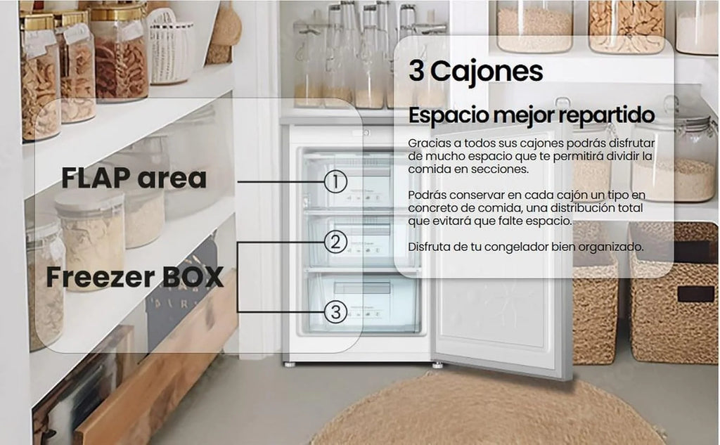 INFINITON CV-A85I - Congelador vertical, 80 litros, 85 cm, 3 gavetas, Controle de temperatura, Porta reversível, Ajuste de altura, E, Inox