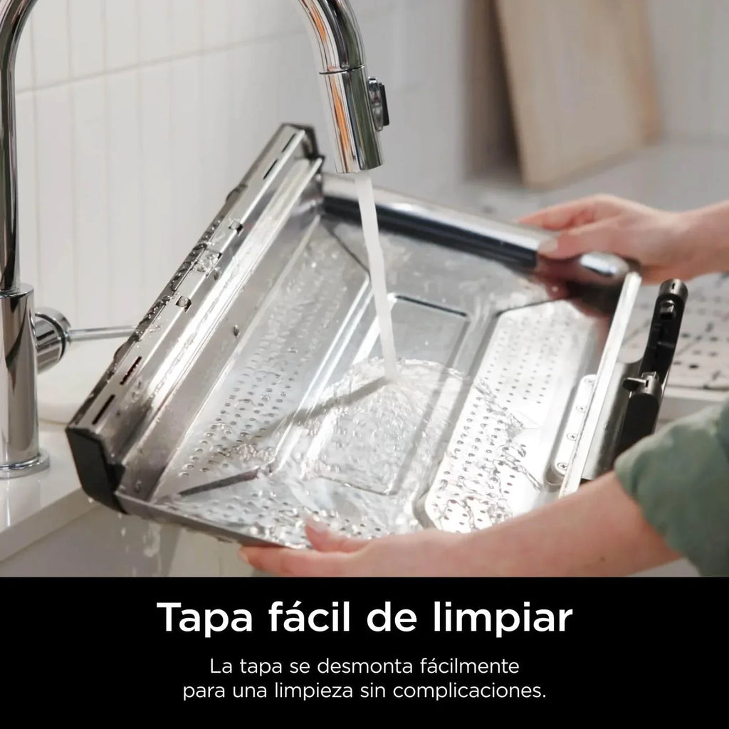 Ninja Sizzle Pro XL Grill and Chapa Interna com Chapa e Grelha de Cerâmica Antiaderente, Tampa Removível, Coletor de Gordura e Guia de Receitas, Prata/Preto GX101EU