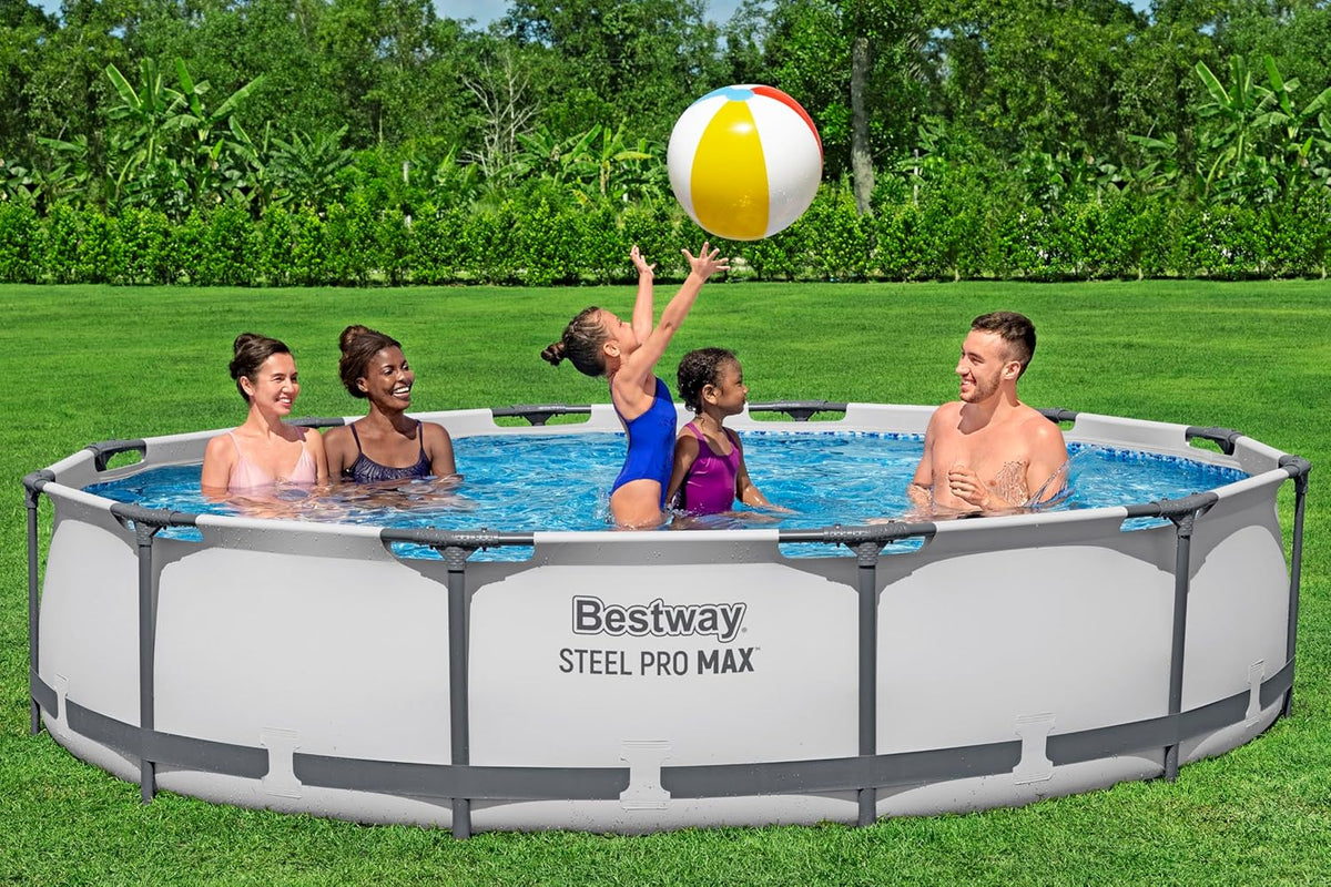 Bestway Steel Pro MAX Frame - Conjunto de Piscina com Bomba de Filtro, 366 x 76 cm de Diâmetro, Cinza Claro, Redondo