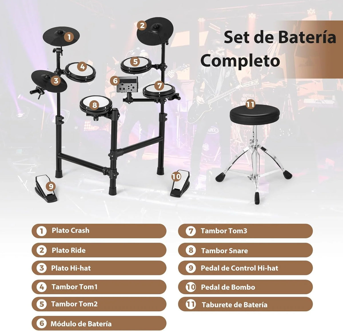 GOPLUS Bateria Eletrônica Completa Dobrável com 150 Sons, Pads de Malha, Pratos de Silicone, 10 Músicas, 9 Tipos de Metrônomo, USB Midi, 2 Pedais, 2 Baquetas, Assento Ajustável