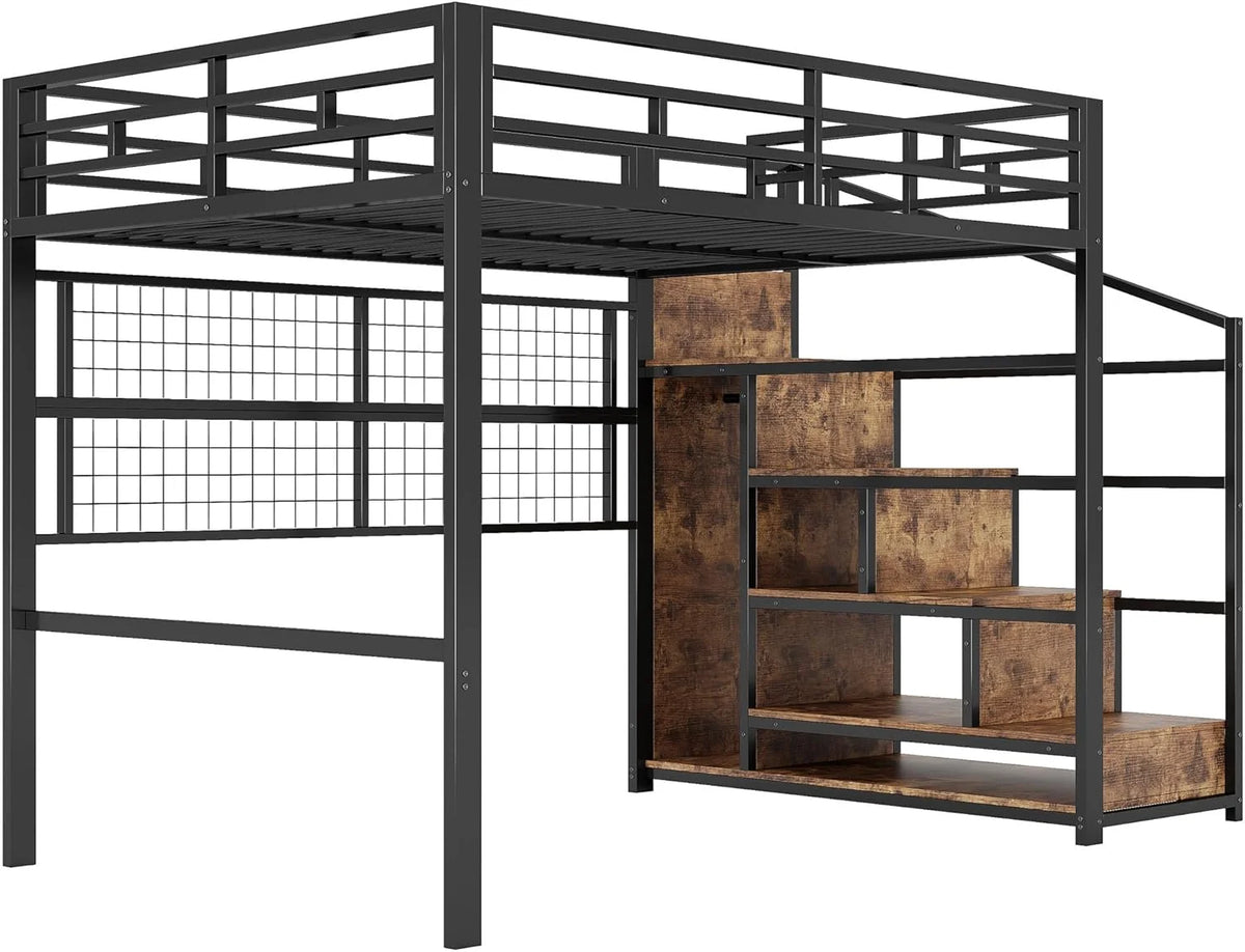 Cama alta (140 x 200 cm), estrutura de ferro, armário, escada com compartimentos, grade para pendurar objetos, espaço livre embaixo da cama, luzes LED de 7 cores, sem colchão, cor preta