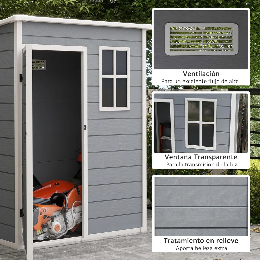 Outsunny Galpão de Jardim Exterior, 1,14 m², 151x92x193 cm, Abrigo de Jardim Exterior com Piso, Porta Deslizante, Janela e Teto Inclinado, para Armazenamento de Ferramentas, Cinzento
