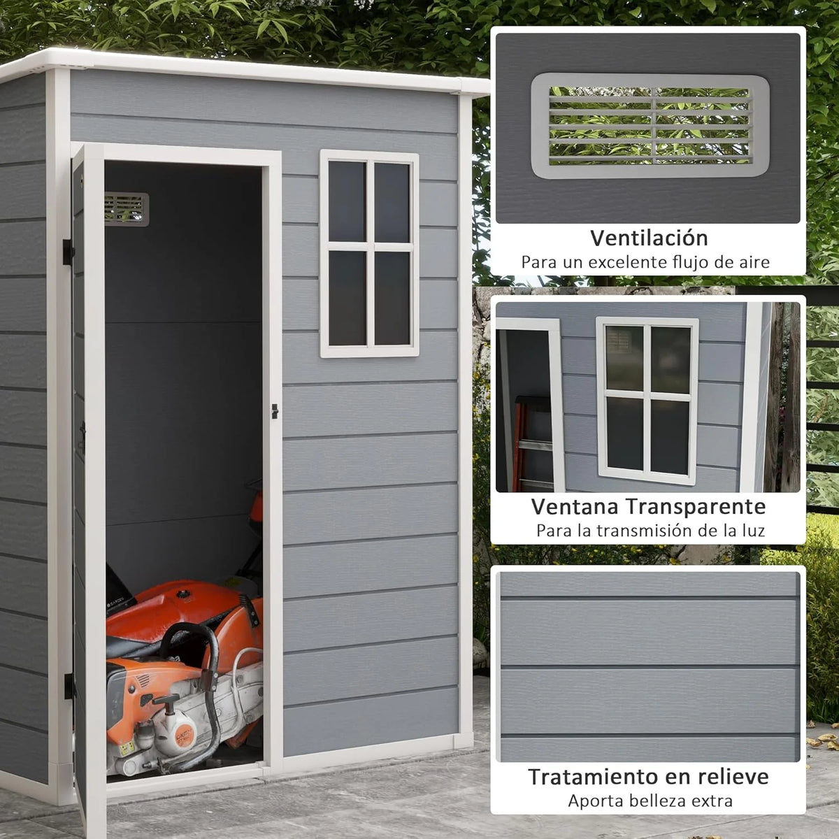 Outsunny Galpão de Jardim Exterior, 1,14 m², 151x92x193 cm, Abrigo de Jardim Exterior com Piso, Porta Deslizante, Janela e Teto Inclinado, para Armazenamento de Ferramentas, Cinzento