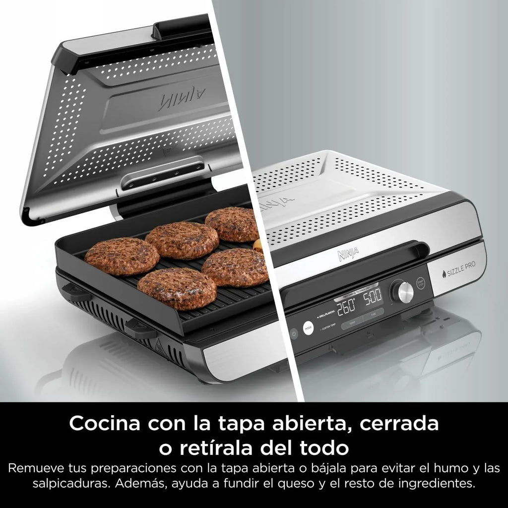 Ninja Sizzle Pro XL Grill and Chapa Interna com Chapa e Grelha de Cerâmica Antiaderente, Tampa Removível, Coletor de Gordura e Guia de Receitas, Prata/Preto GX101EU