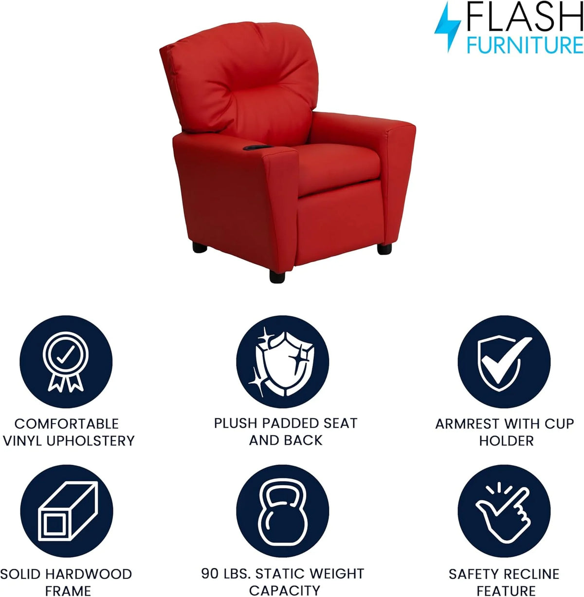 Poltrona Reclinável Infantil Contemporânea Flash Furniture com Porta-Copos, Madeira, Vinil Bege, 66,04 x 53,34 x 53,34 cm