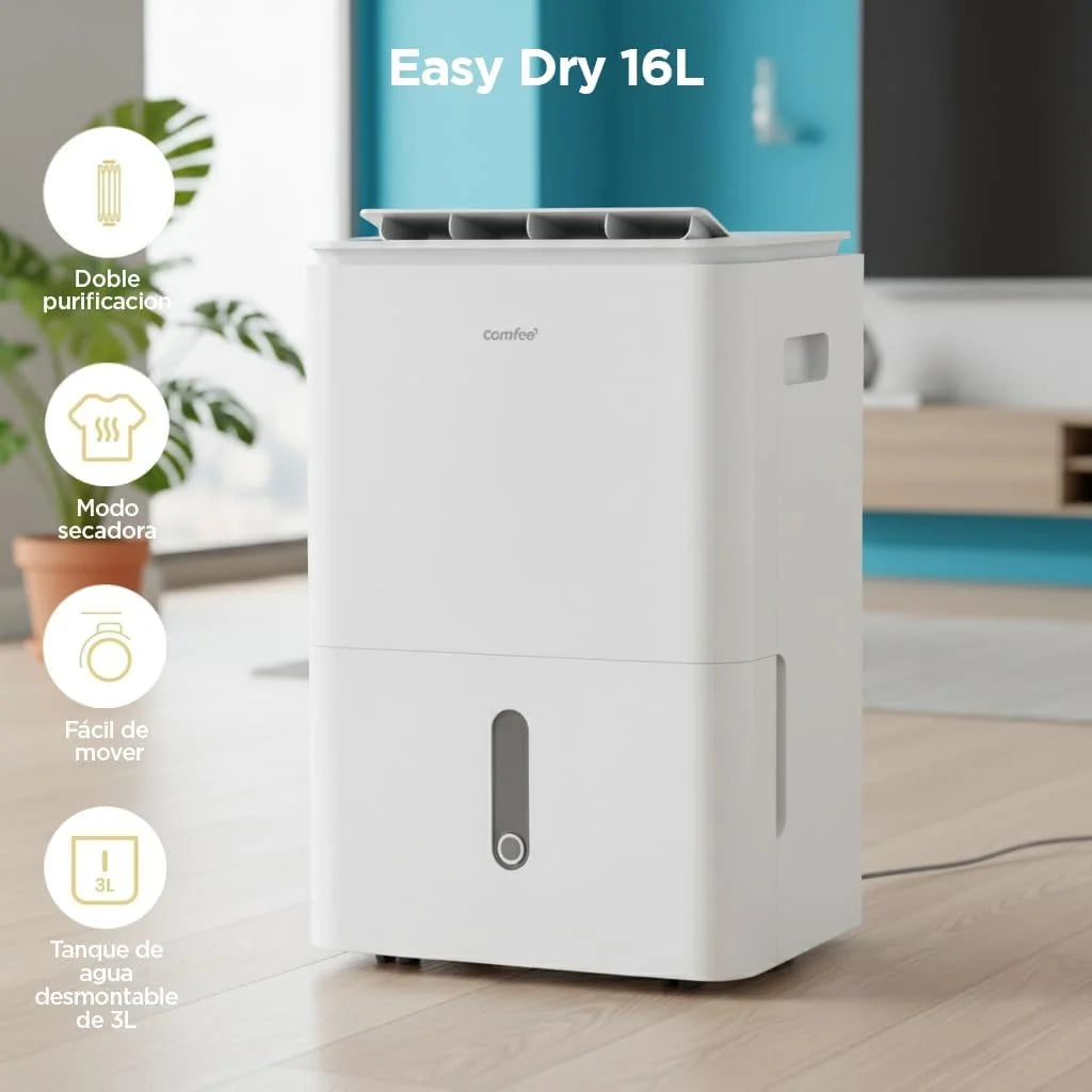 Desumidificador COMFEE' de 16L Silencioso | WiFi/App, Modo Secagem de Roupa e Auto Anti-Humidade, Purificador Elétrico Antibacteriano, mofo e Condensação | Ideal para divisões até 45m2/120m3