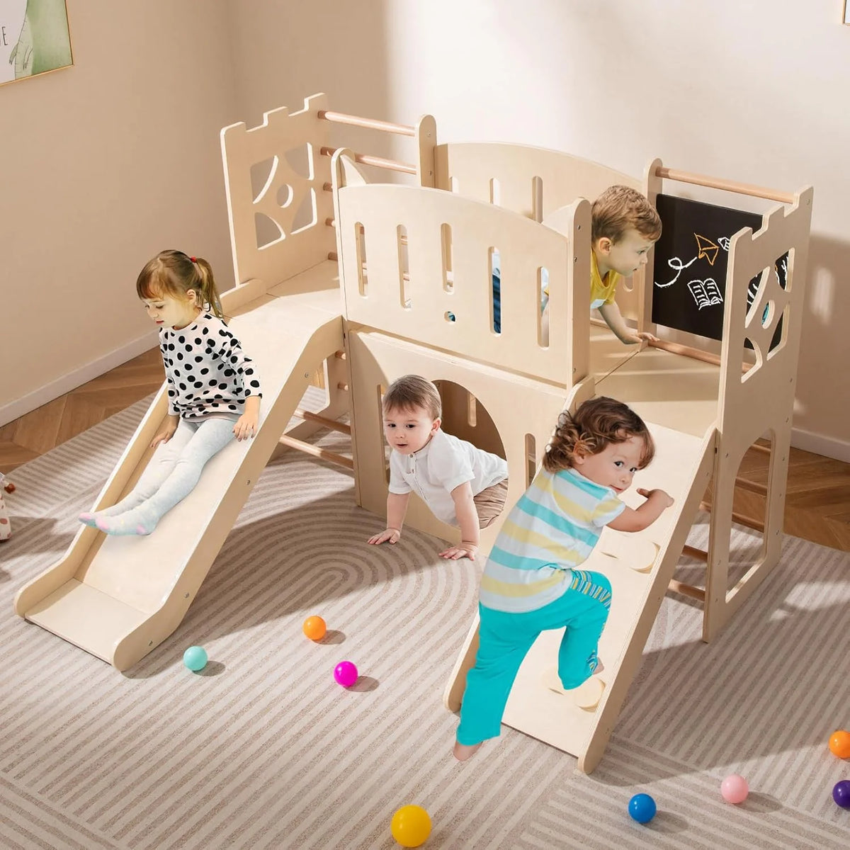 Parque Infantil Interno de Madeira Costway 8 em 1, Tema de Castelo, Escorregador, Escalador, Escadas, Armazenamento, Quadro-Negro, Túnel, Brinquedo Montessori para Crianças a Partir de 3 Anos