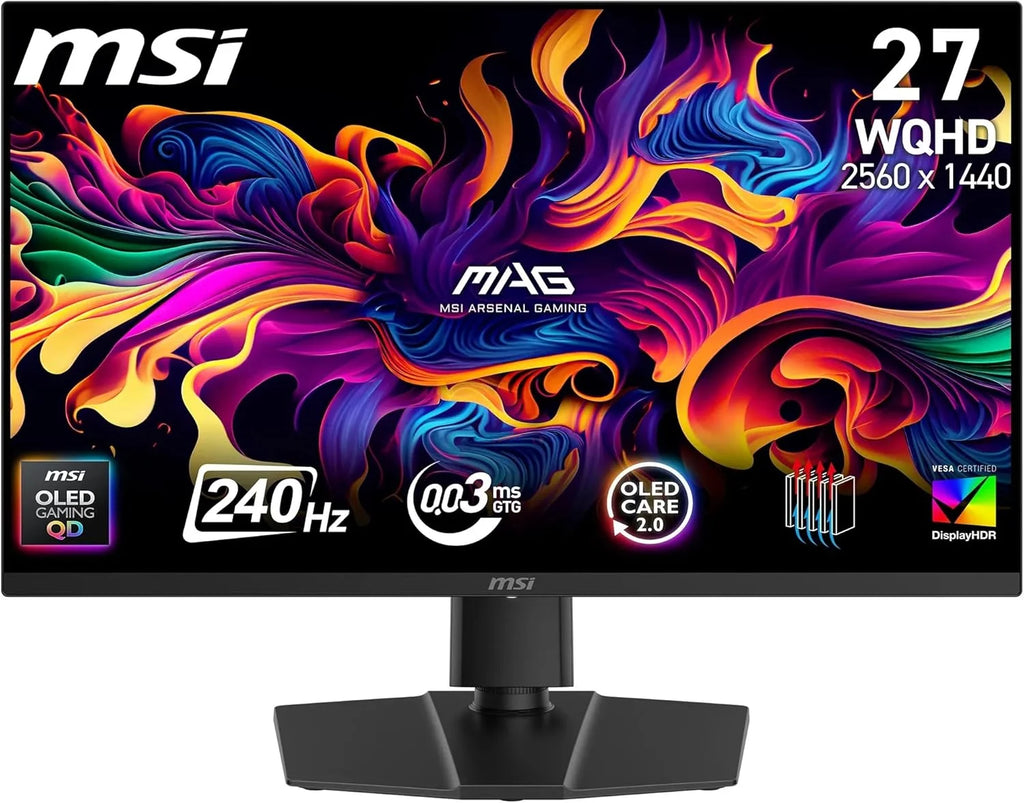 MSI MAG 273QP QD-OLED X24 Gaming Display 26,5" WQHD - Painel Quantum Dot OLED 2560 x 1440, 240Hz / 0,03ms, 99.1% DCI-P3, E≤2, DisplayHDR True Black 400 - DP 1.4a, HDMI 2.1