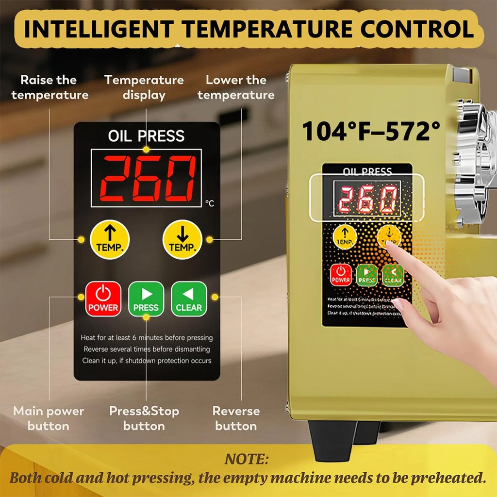 Prensa de Óleo Elétrica Automática 1500W | Extrator de Óleo de Aço Inoxidável a Frio e Quente | Para Caroços de Azeitona, Nozes, Gergelim, Coco, Soja, Amêndoas | Controle Inteligente de Temperatura