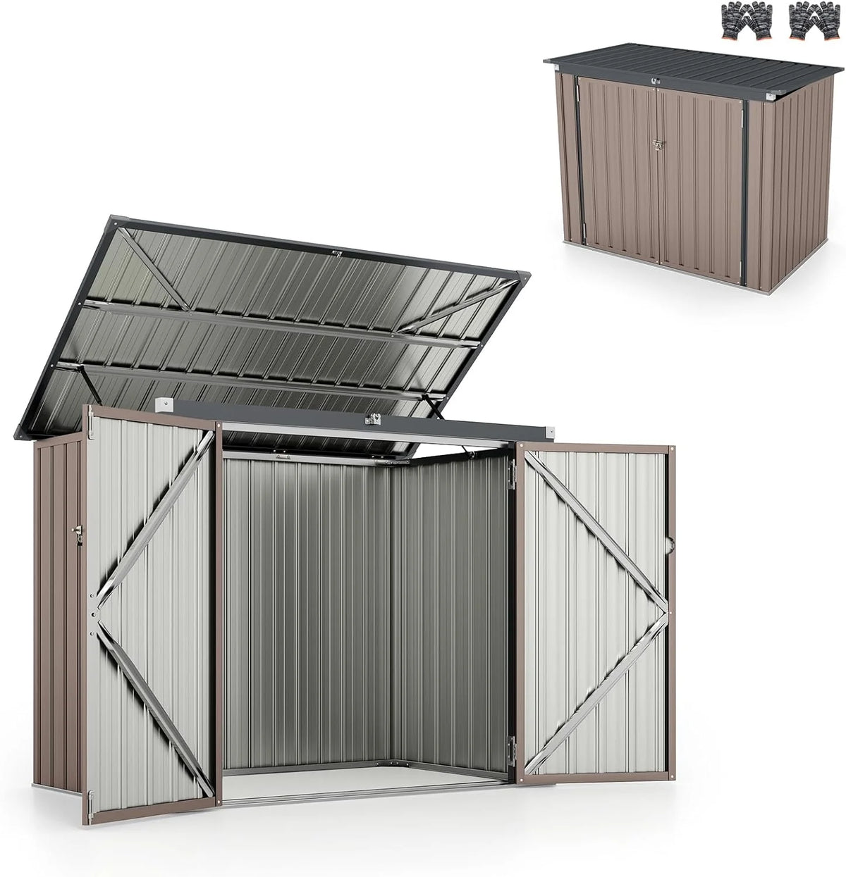 HOMASIS Galpão de Jardim, Armário Metálico com Teto Articulado para Exterior, Abrigo de Ferramentas com Porta Dupla, Alta Resistência para Fazenda, Terraço, 172x101x130cm, Cinza (Cinza Quente)