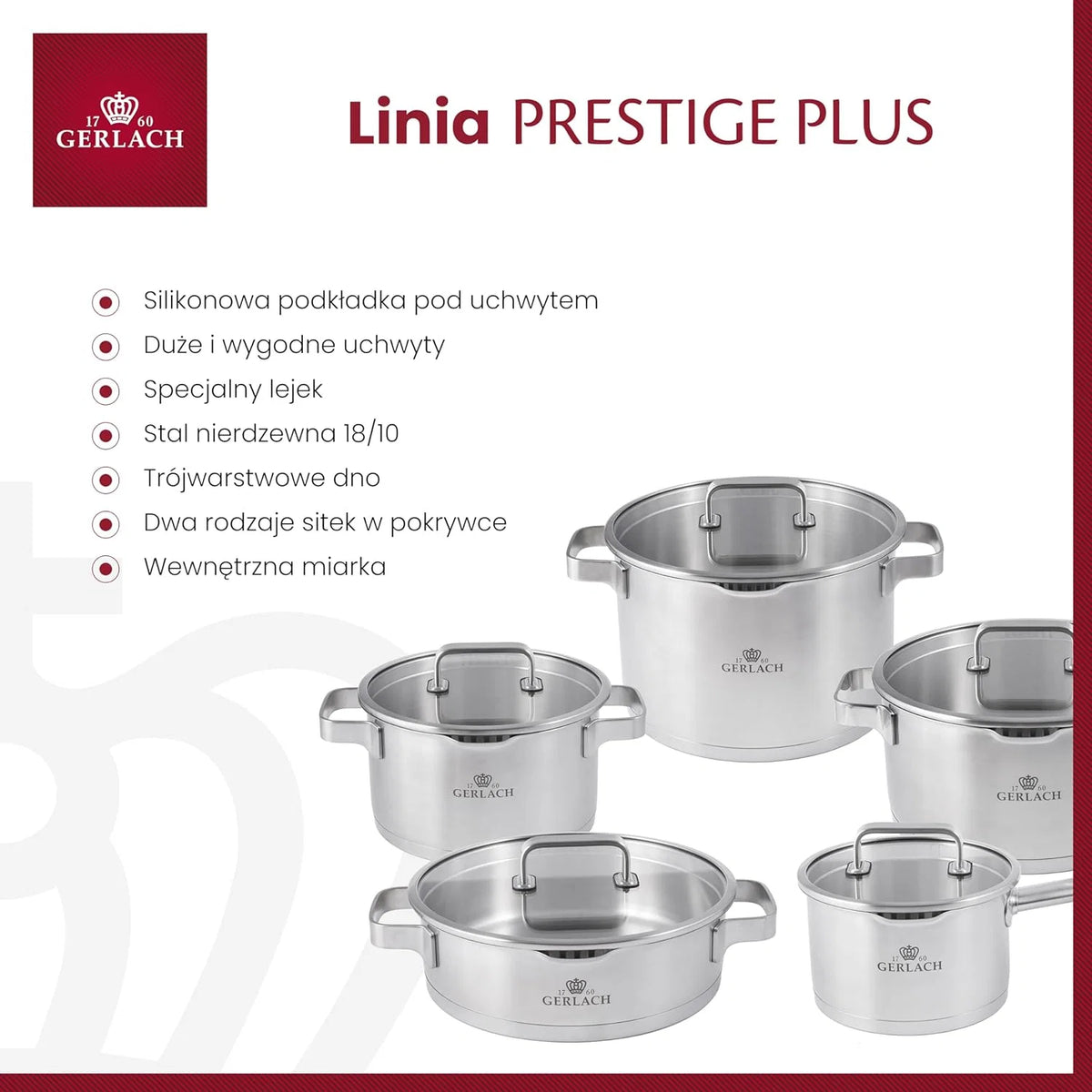 Gerlach Prestige Plus Conjunto de Panelas, Prata, 10 Peças