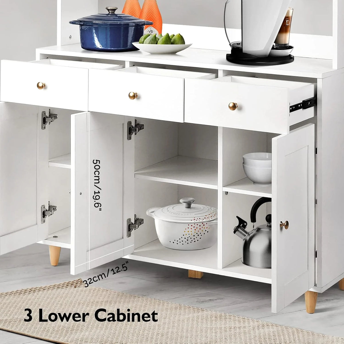 VOWNER Armário Aparador de Cozinha/Buffet, 100L x 38W x 181H cm, Armário Auxiliar de Armazenamento, 5 Portas e 5 Prateleiras Ajustáveis, Branco