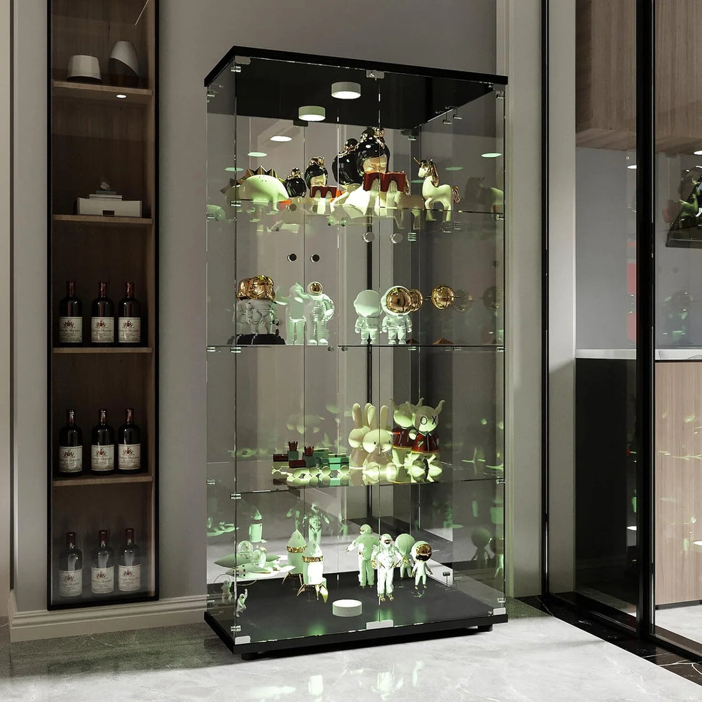 Vitrine de Vidro com Iluminação, Porta com Fechadura, 4 Prateleiras - Vitrine Grande para Coleções, Vitrine de Chão para Sala ou Escritório (Fundo Espelhado)