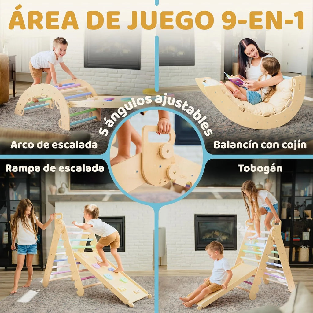 9 em 1 Triângulo Pikler Montessori Grande de 1 a 7+ anos, 5 Ângulos Ajustáveis, Parque Infantil Interno e Externo em Madeira para Escalada com Arco Pikler e Rampa Pikler para Crianças