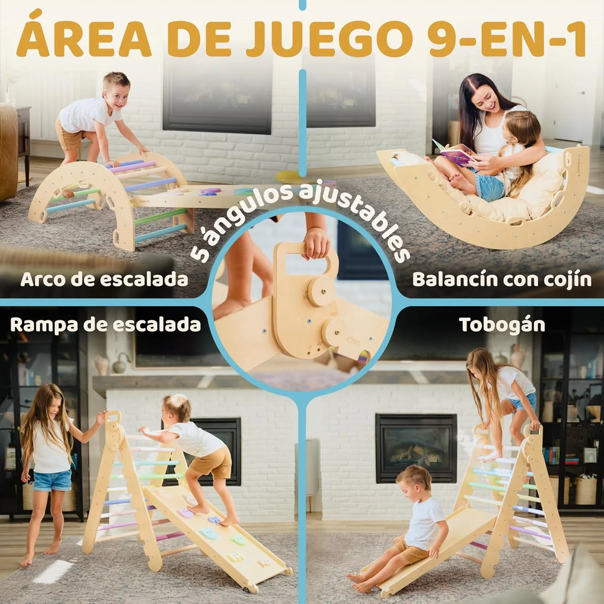 9 em 1 Triângulo Pikler Montessori Grande de 1 a 7+ anos, 5 Ângulos Ajustáveis, Parque Infantil Interno e Externo em Madeira para Escalada com Arco Pikler e Rampa Pikler para Crianças