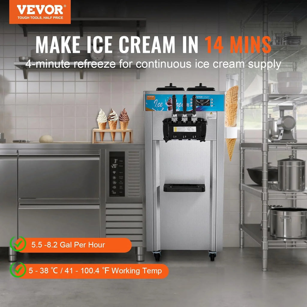 Máquina de Sorvete Comercial VEVOR 21-31 L/h 1500 W 3 Sabores Máquina de Fazer Sorvete 2 Tremonhas de 5,5 L Independente Pré-Resfriamento Limpeza Automática para Restaurante Bar Mercado Loja