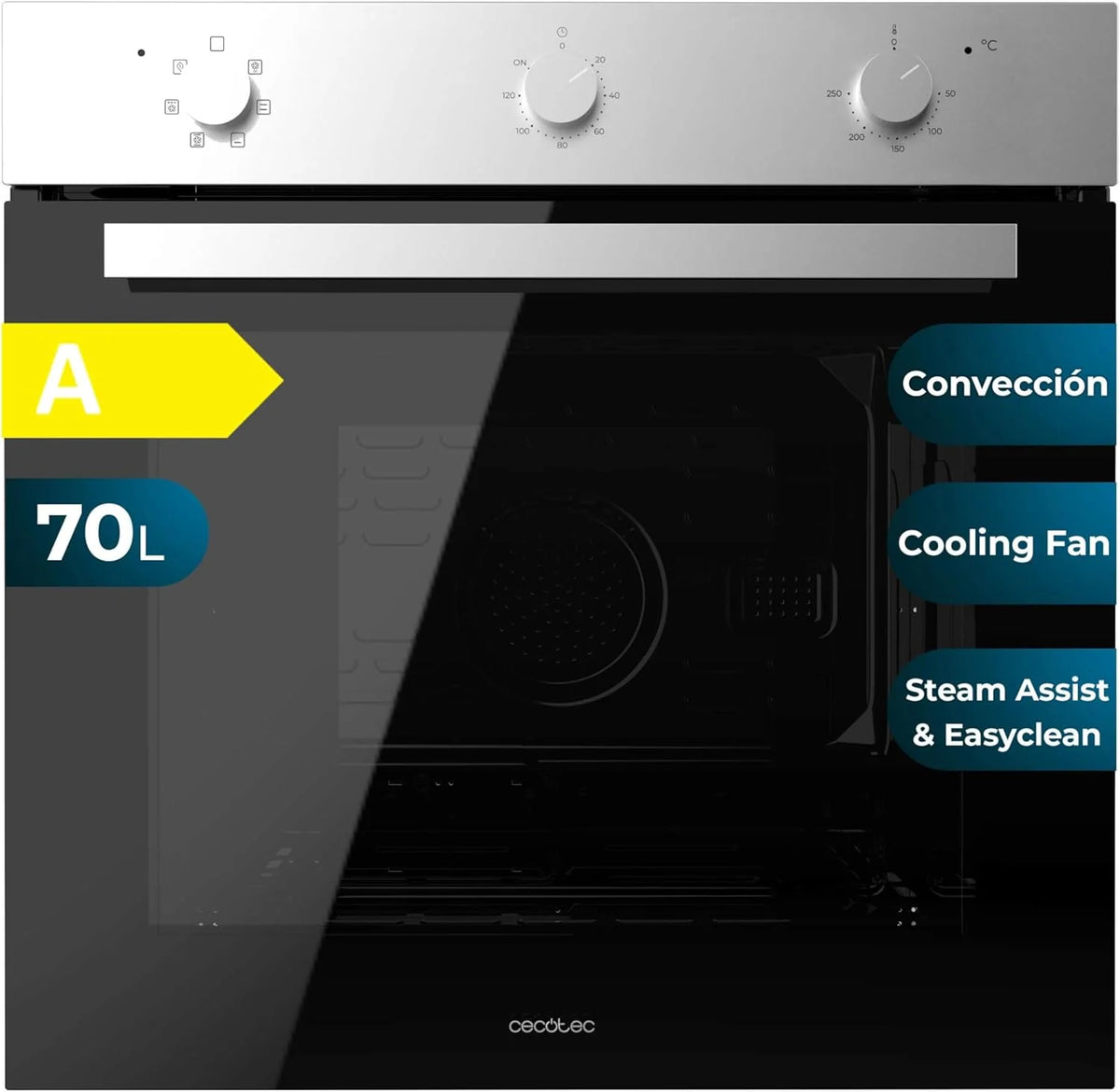 Forno Multifuncional de Encastre Cecotec 70L Bolero Hexa M236000 Inox Time. 2800W, 6 Funções, Temporizador, Base a Vapor XXL, Assistência a Vapor, Limpeza a Vapor Fácil, Ventoinha de Arrefecimento, Modo Descongelar, Eco, Convecção