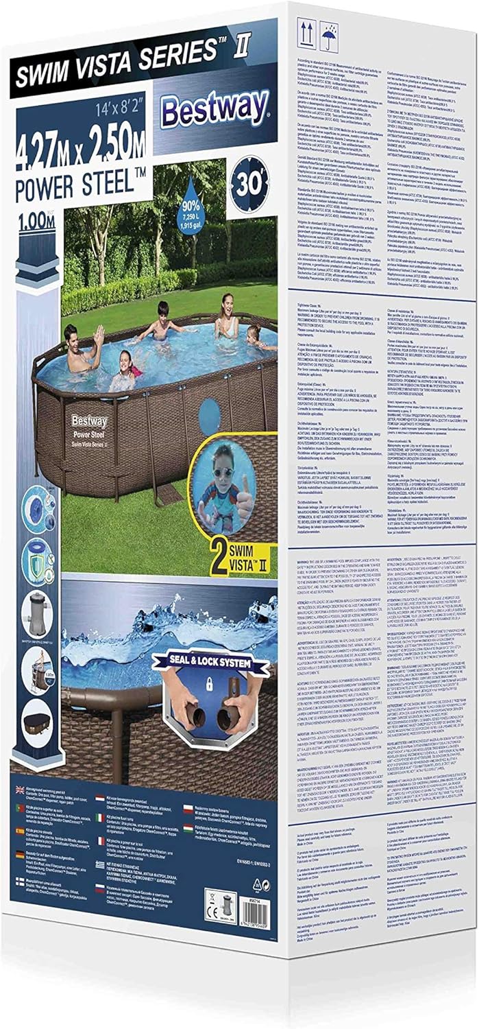 BESTWAY - Piscina Estrutural Tubular Power Steel 427x250x100 cm Bomba Filtrante 2.006 l/h Escada e Capa Design Rattan