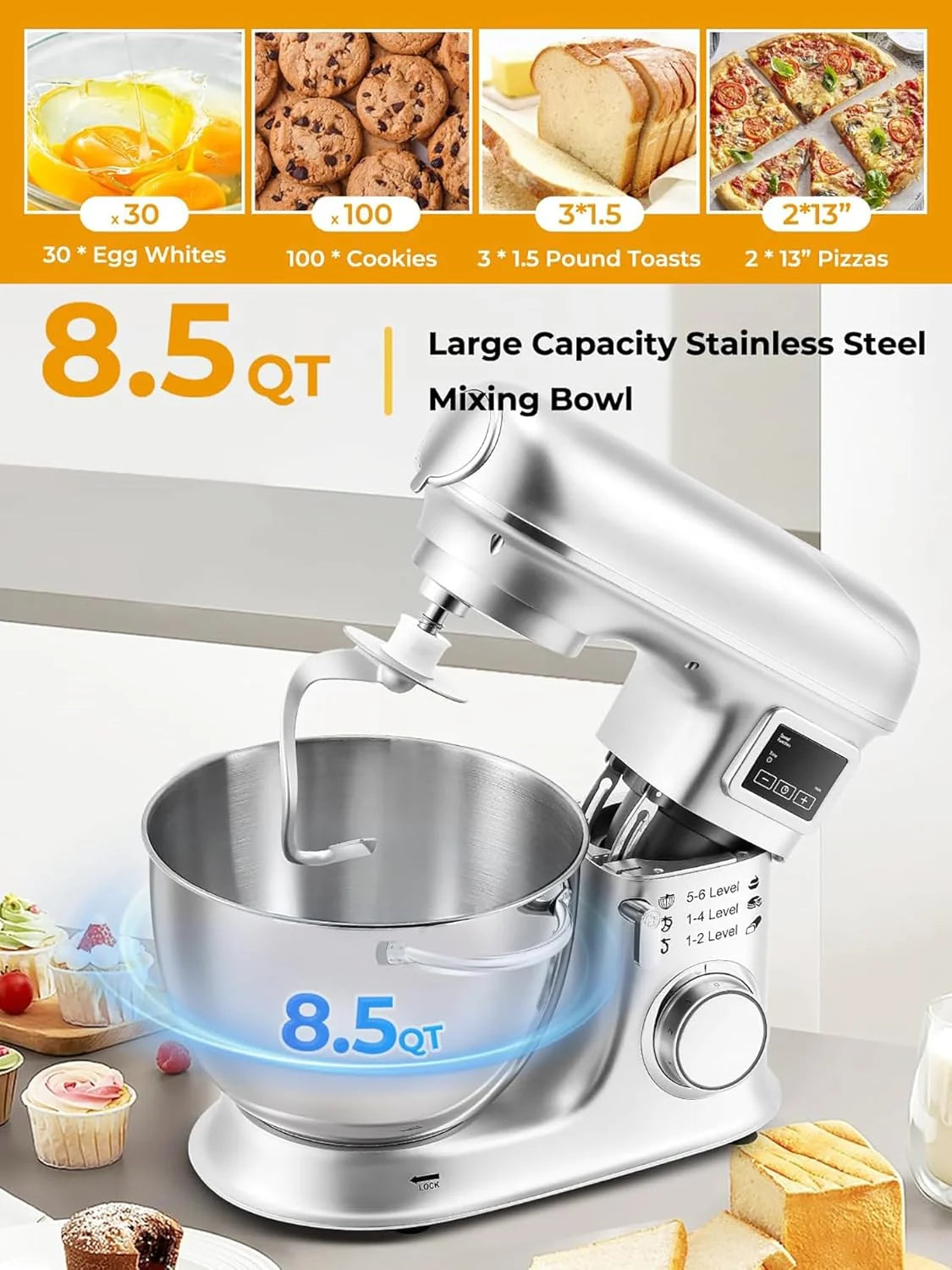 Batedeira planetária de 8L - Batedeira elétrica de cozinha com tela LED, 6 velocidades, cabeça inclinável, tigela de aço inoxidável, inclui moedor de carne, gancho de massa, batedor
