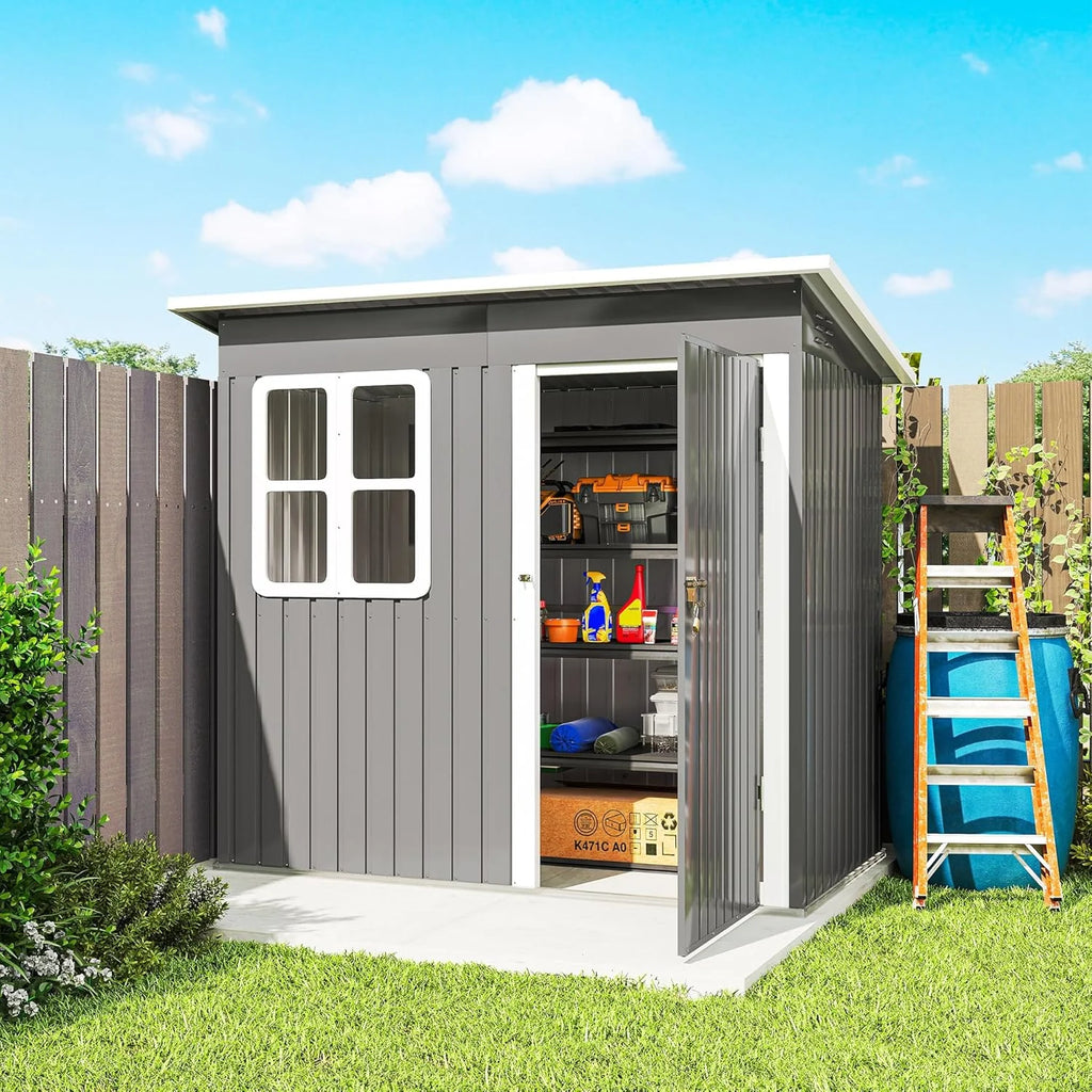 Outsunny Galpão de Armazenamento para Jardim Exterior, 2,55 m² 221x133x190 cm, Abrigo Metálico para Ferramentas com Janela, Porta com Fechadura e Ventilação, Cinza Escuro