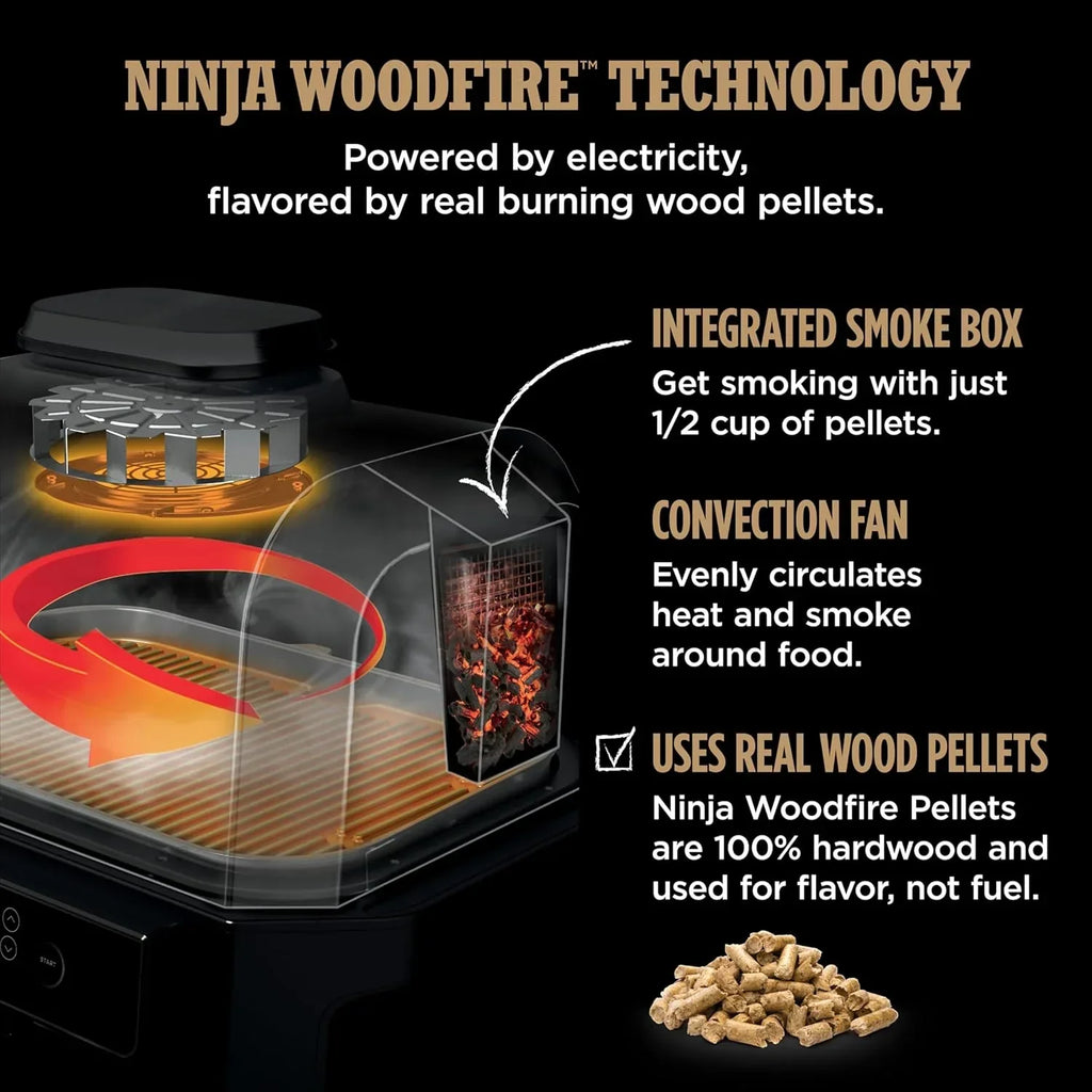 2026 Grelhador e defumador externo Ninja Woodfire Pro XL, termômetro, grelhador principal 4 em 1, churrasqueira defumadora, fritadeira de ar externa, forno, portátil, grelhador elétrico, cinza escuro, modelo OG850