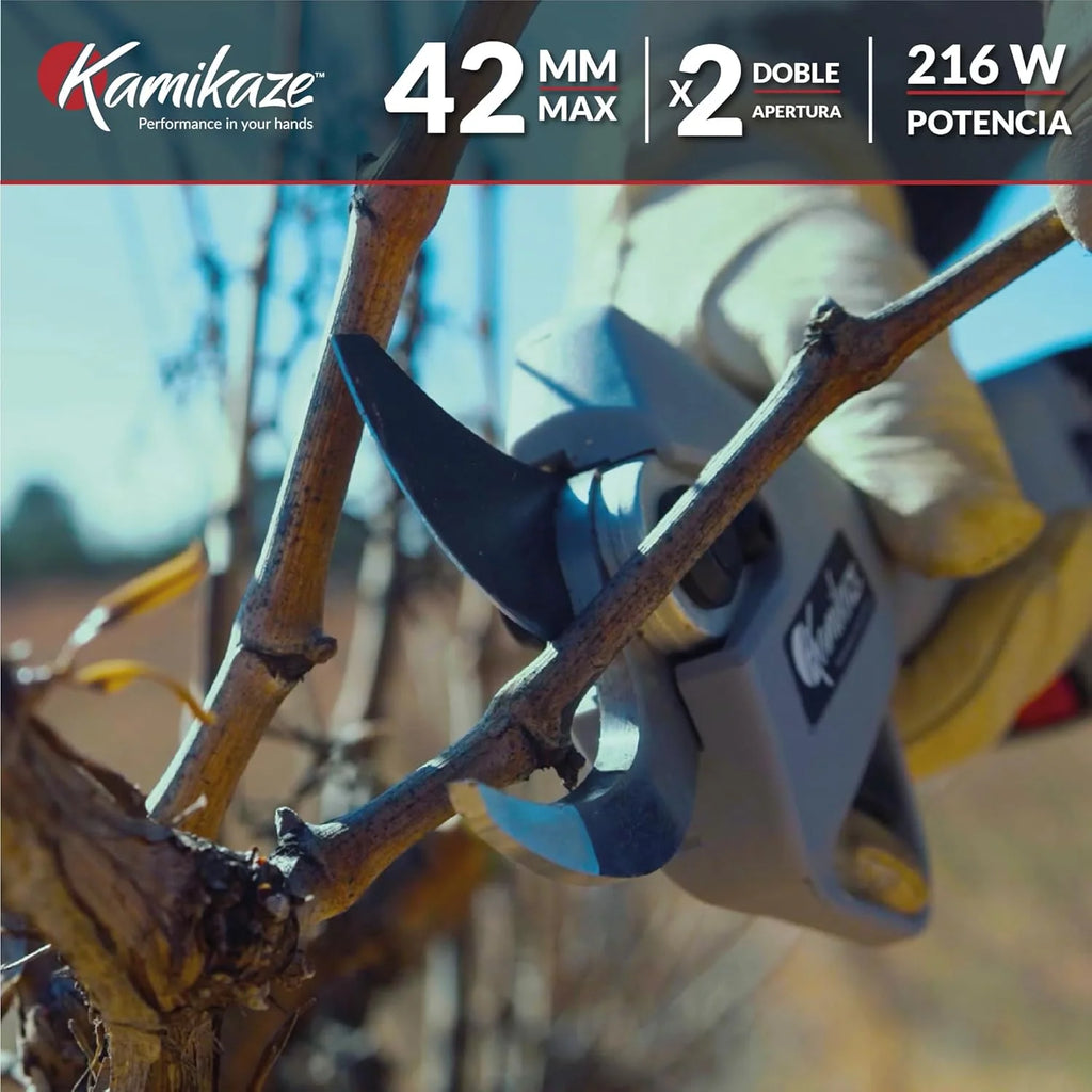 KAMIKAZE KV390 Tesoura de Poda Elétrica Profissional com Bateria de Lítio 21,6V, Ø35mm de Corte, 2 Baterias e Carregador Triplo, Ecrã Inteligente, Kit de Manutenção e Mala de Transporte