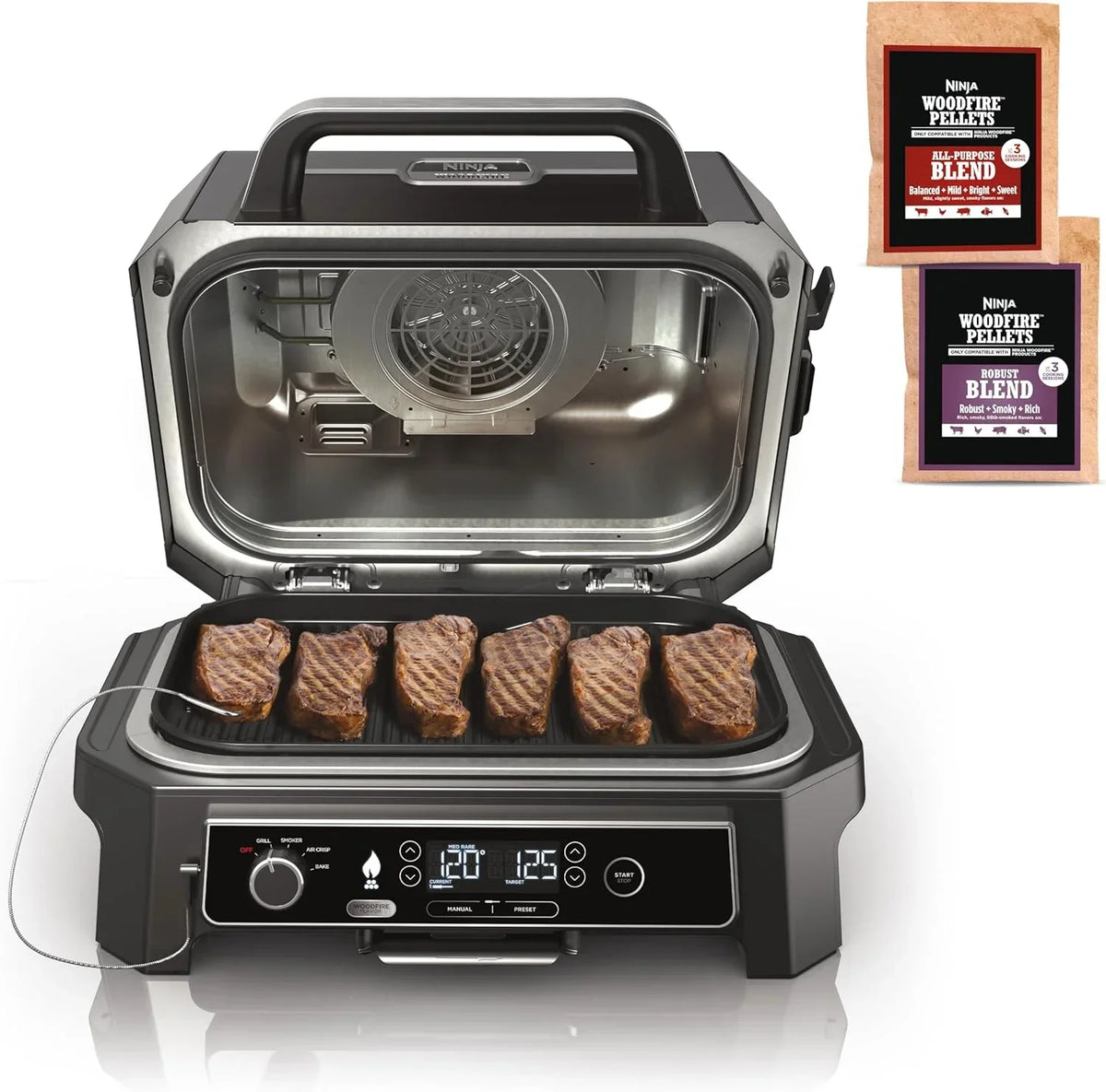 2026 Grelhador e defumador externo Ninja Woodfire Pro XL, termômetro, grelhador principal 4 em 1, churrasqueira defumadora, fritadeira de ar externa, forno, portátil, grelhador elétrico, cinza escuro, modelo OG850
