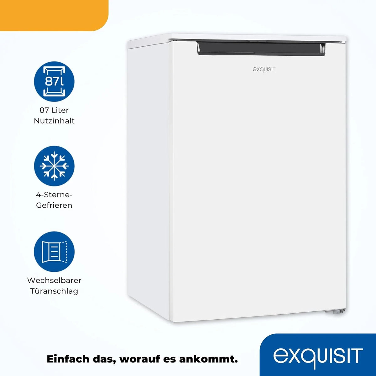 Congelador vertical Exquisit, 87L, 4 estrelas, classe D, cor branca, 3 gavetas, degelo manual, termostato ajustável, porta reversível, 40 dB, consumo 132 kWh/ano, 85,5x54,5x58 cm