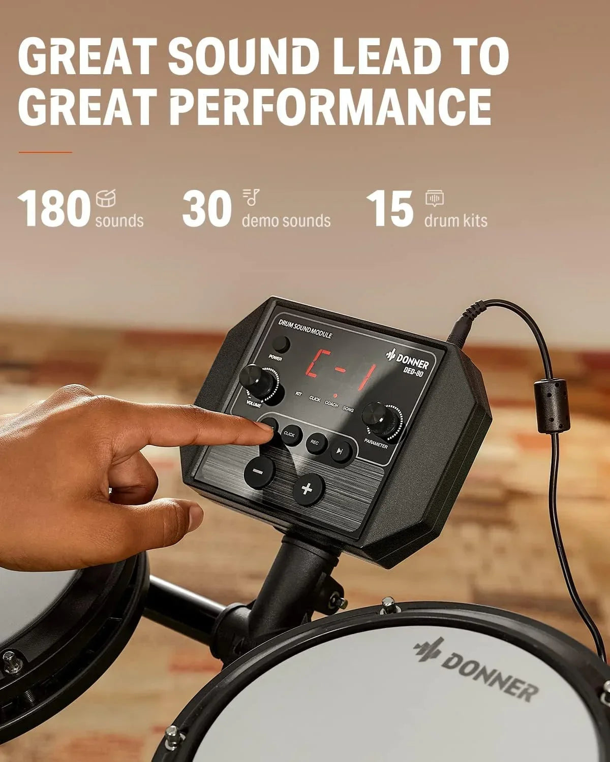 Bateria Eletrônica Musical Donner DED-80 de 7 Peças com Pads de Mesh, 180 Sons, Banco de Bateria, Fone de Ouvido, Baquetas, Presente de Natal de Aniversário para Crianças, 40 Aulas Melodics