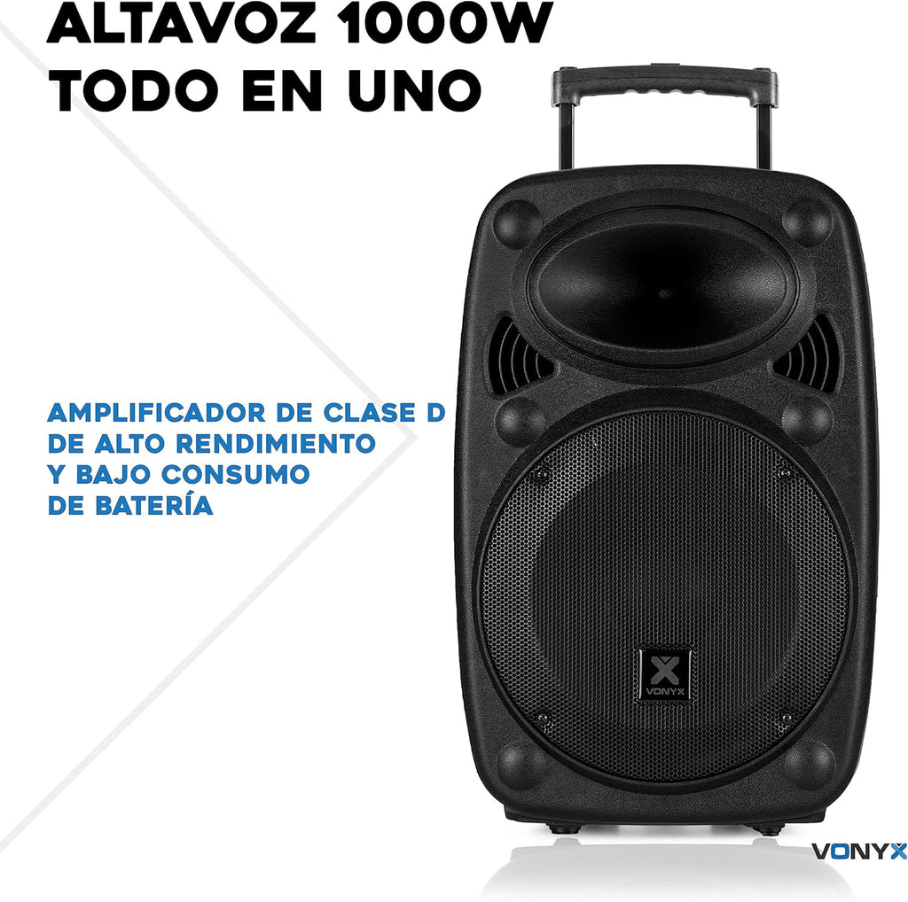 Vonyx Verve46 Poderosa Caixa de Som Bluetooth 1000 W, Caixa de Som Portátil Amplificada com Microfone de Karaokê, Caixa de Som Bluetooth USB, SD, MP3, AUX, 2 Microfones UHF, Controle Remoto, Subwoofer 15 Polegadas, Preto