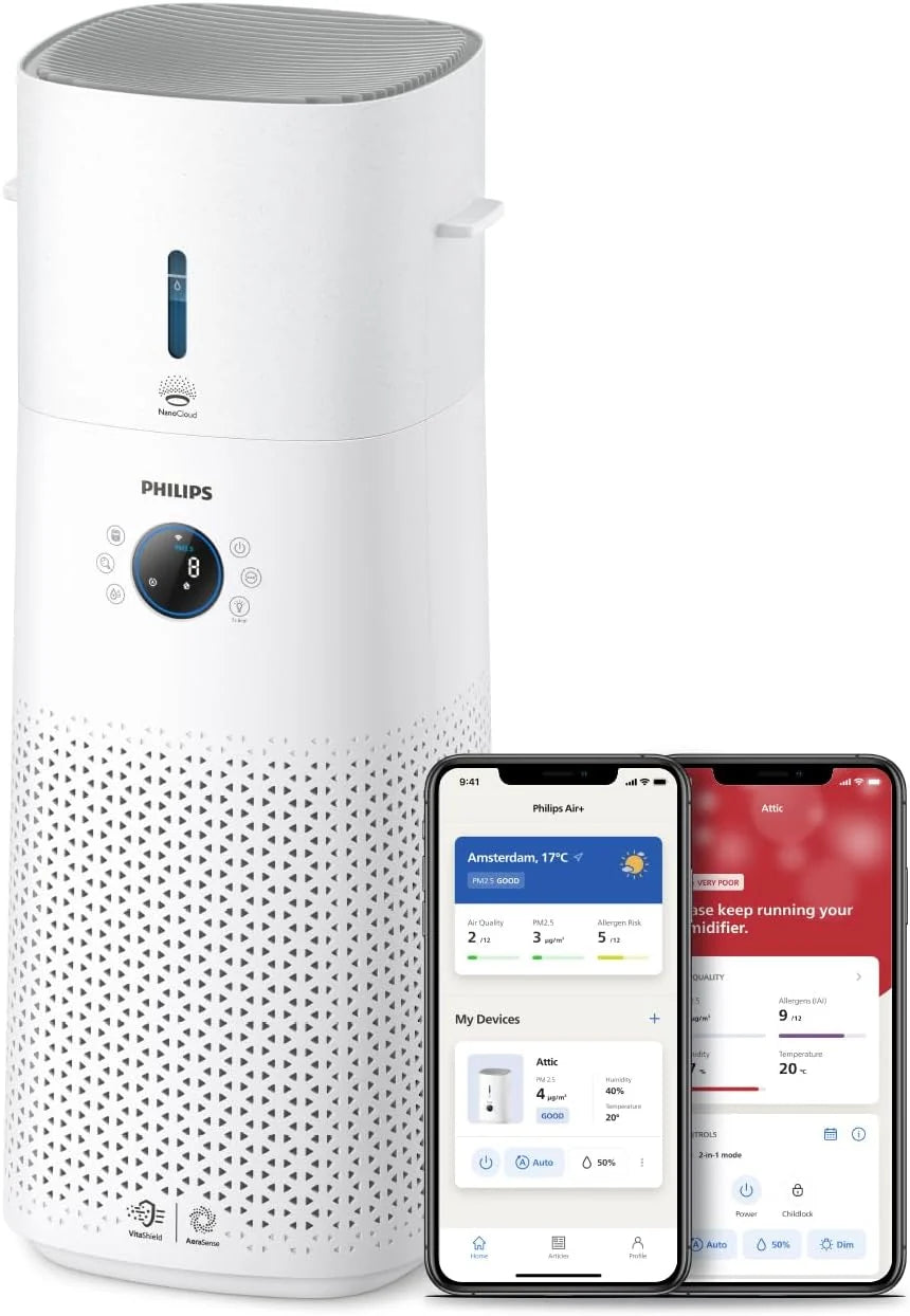 Philips Purificador e umidificador de ar 2 em 1 Série 3000, 131 m², filtro NanoProtect HEPA e filtro de carvão ativado removem 99,97% de todas as partículas invisíveis, Cor Branca (AC3737/10)