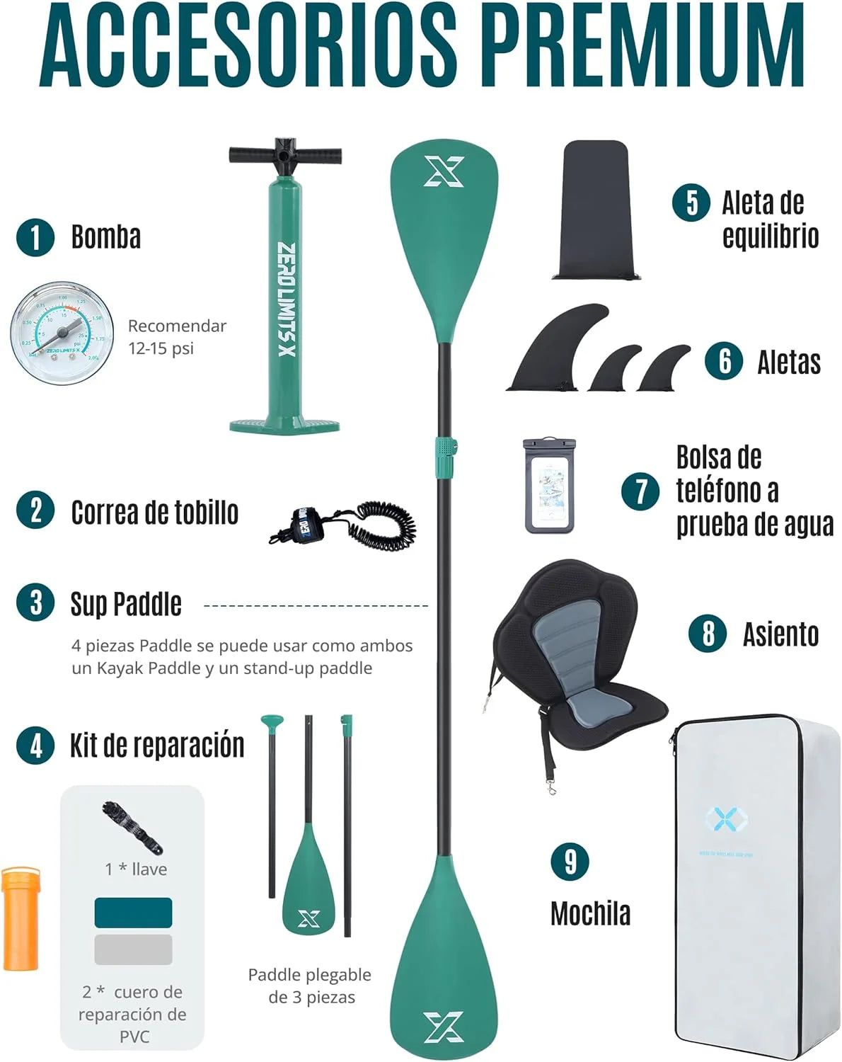 Prancha de Remo Inflável ZLX com Assento, 320 cm, para Adultos, Ideal para Iniciantes, Ampla e Estável, Antiderrapante