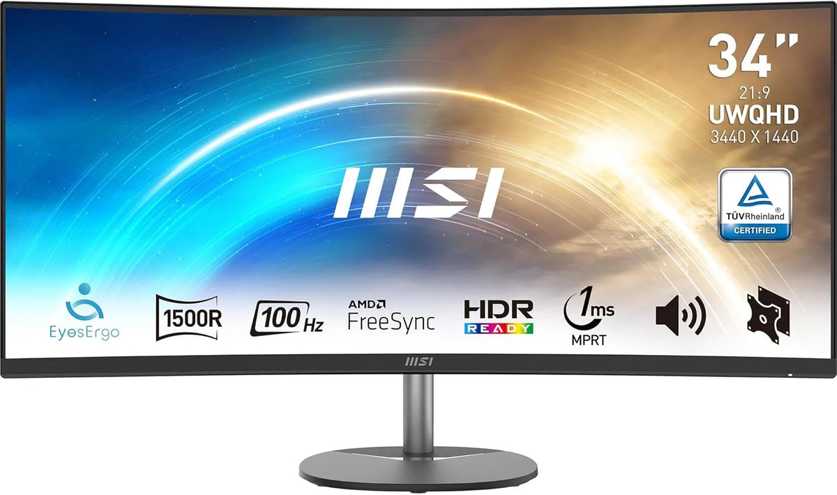 MSI Pro MP341CQ 34" UWQHD Monitor Curvo de Escritório – Painel VA 1500R, 3440x1440, 100Hz, Conforto Visual, sRGB 116%, HDR Ready, Alto-falantes Embutidos, Inclinação Ajustável – HDMI, DisplayPort