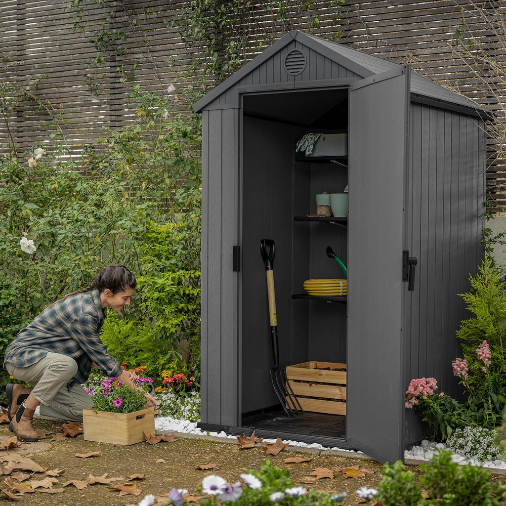 KETER Darwin 4x4, Abrigo de Jardim, 125,8 x 117 x 205 cm e 1,4 m2, Chão, Sistema de Ventilação, Porta e Janela, Resistente à Água, Cor Cinza