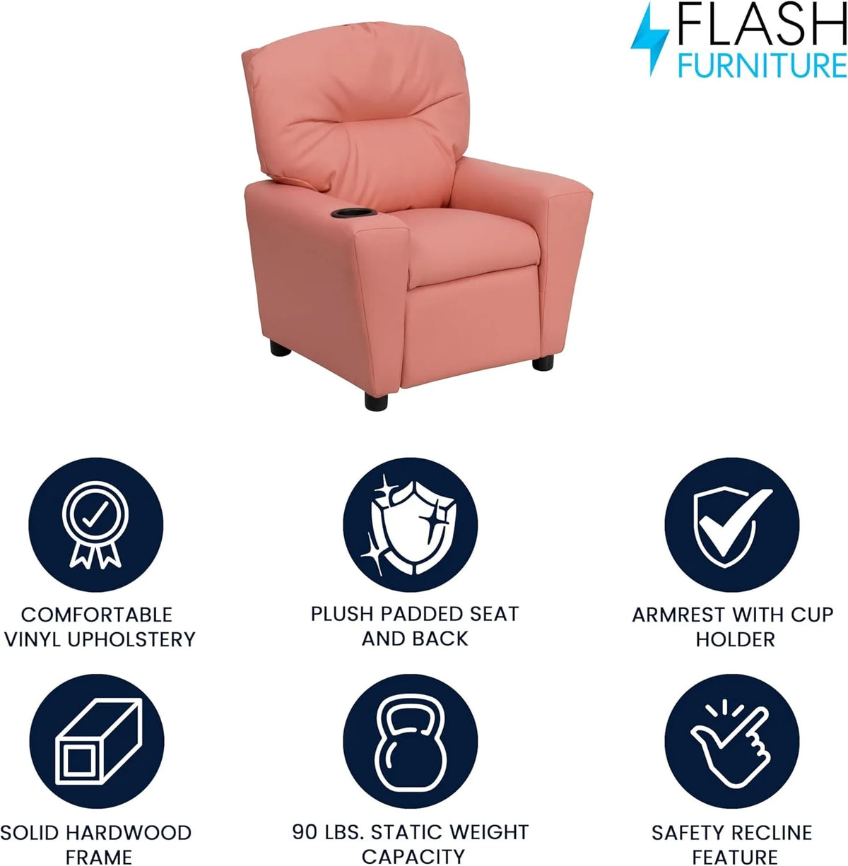 Poltrona Reclinável Infantil Contemporânea Flash Furniture com Porta-Copos, Madeira, Vinil Bege, 66,04 x 53,34 x 53,34 cm