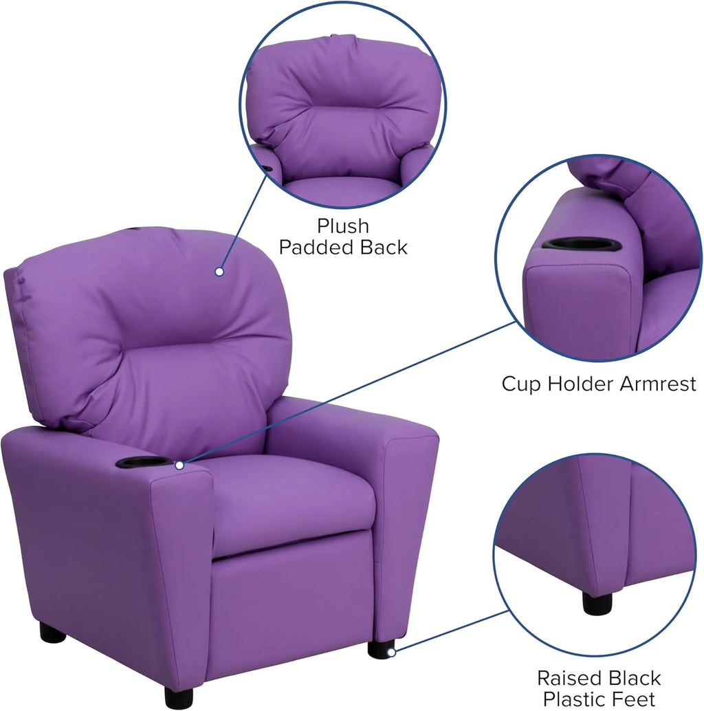 Poltrona Reclinável Infantil Contemporânea Flash Furniture com Porta-Copos, Madeira, Vinil Bege, 66,04 x 53,34 x 53,34 cm
